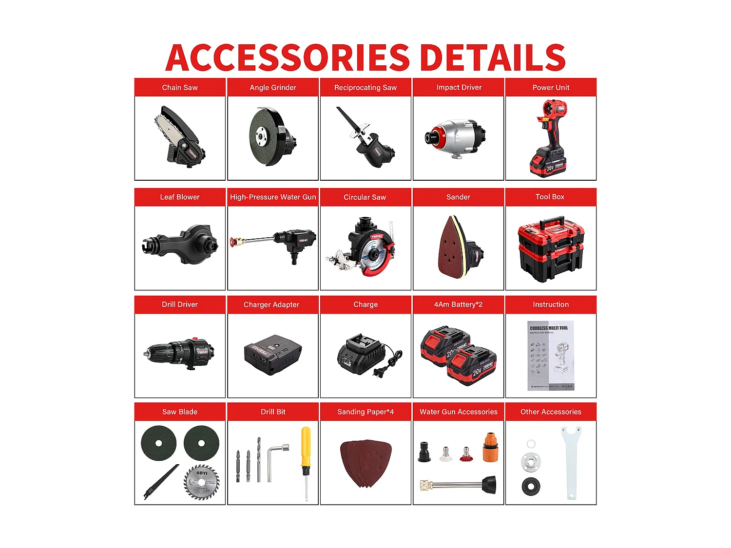 Ensemble d'outils sans fil 11 en 1, comprenant une perceuse, une scie sauteuse, un marteau
