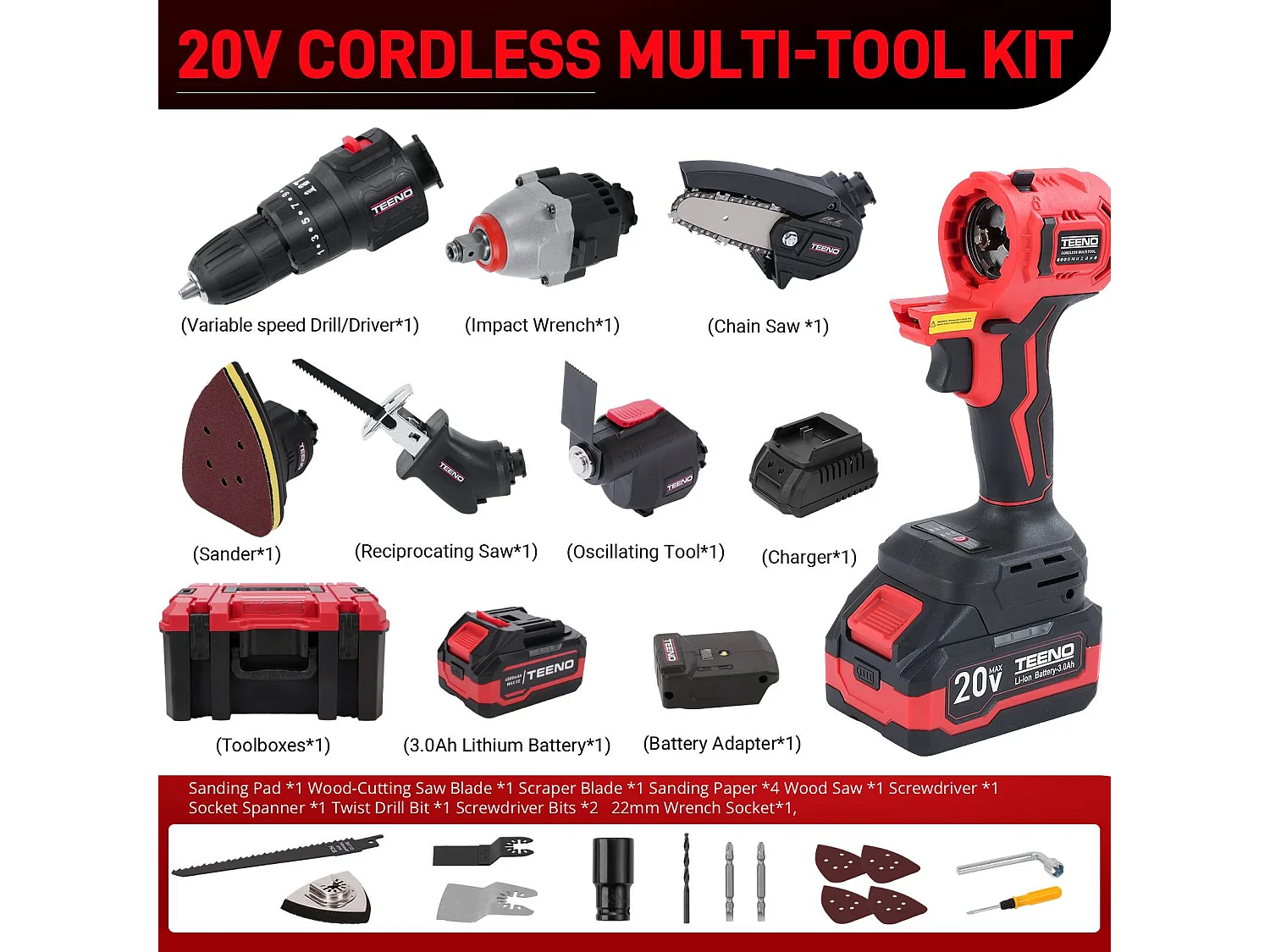 Ensemble d'outils sans fil 8 en 1, comprenant une perceuse, une scie sauteuse, un marteau