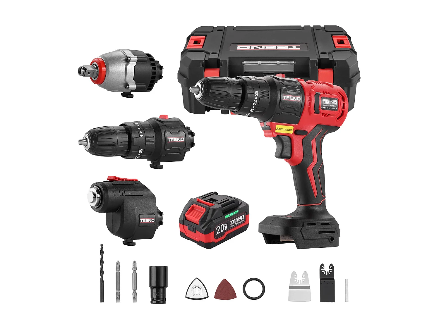 Kit combiné sans fil 20 V, ensemble d'outils 3 en 1, comprenant une boîte à outils, une perceuse, une clé à chocs, un outil vibrant, une batterie et un chargeur.