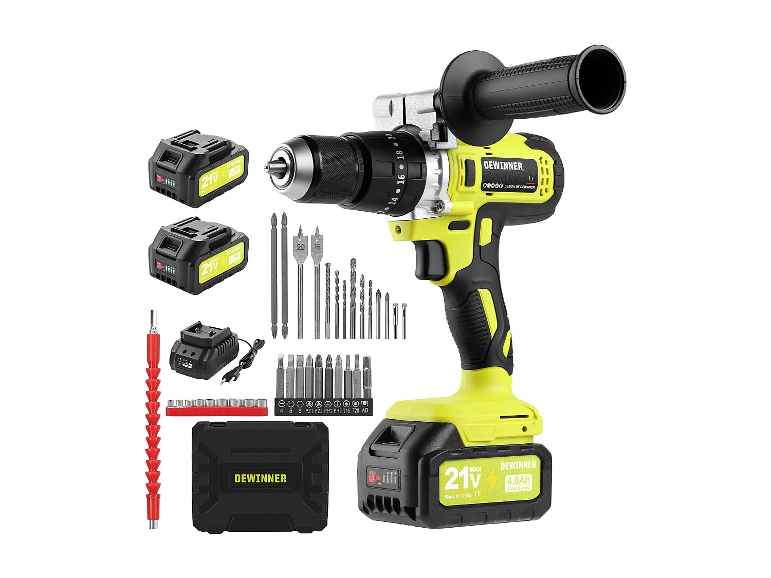 Tournevis sans fil 21V, batterie 4.0Ah, 90 Nm, réglage de couple 20+3, mandrin 13mm, vert