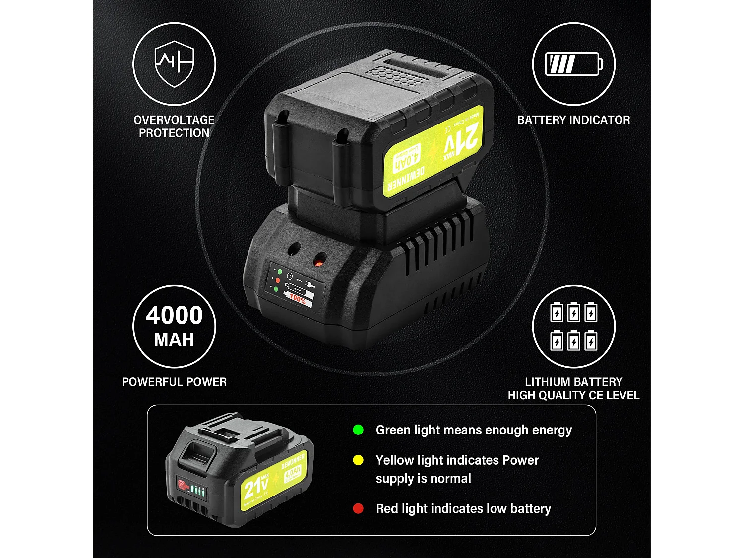 Tournevis sans fil 21V, batterie 4.0Ah, 90 Nm, réglage de couple 20+3, mandrin 13mm, vert