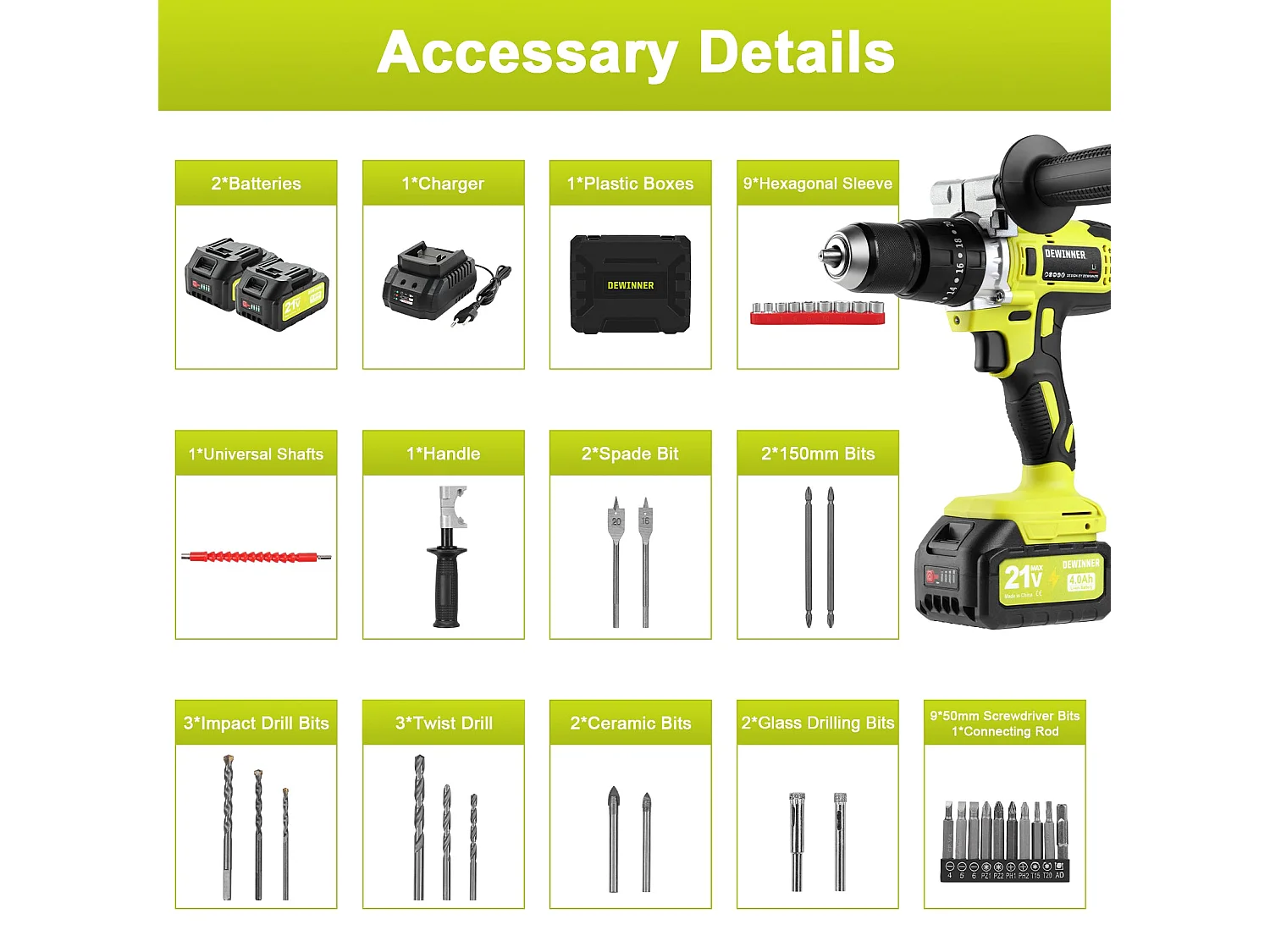 Tournevis sans fil 21V, batterie 4.0Ah, 90 Nm, réglage de couple 20+3, mandrin 13mm, vert