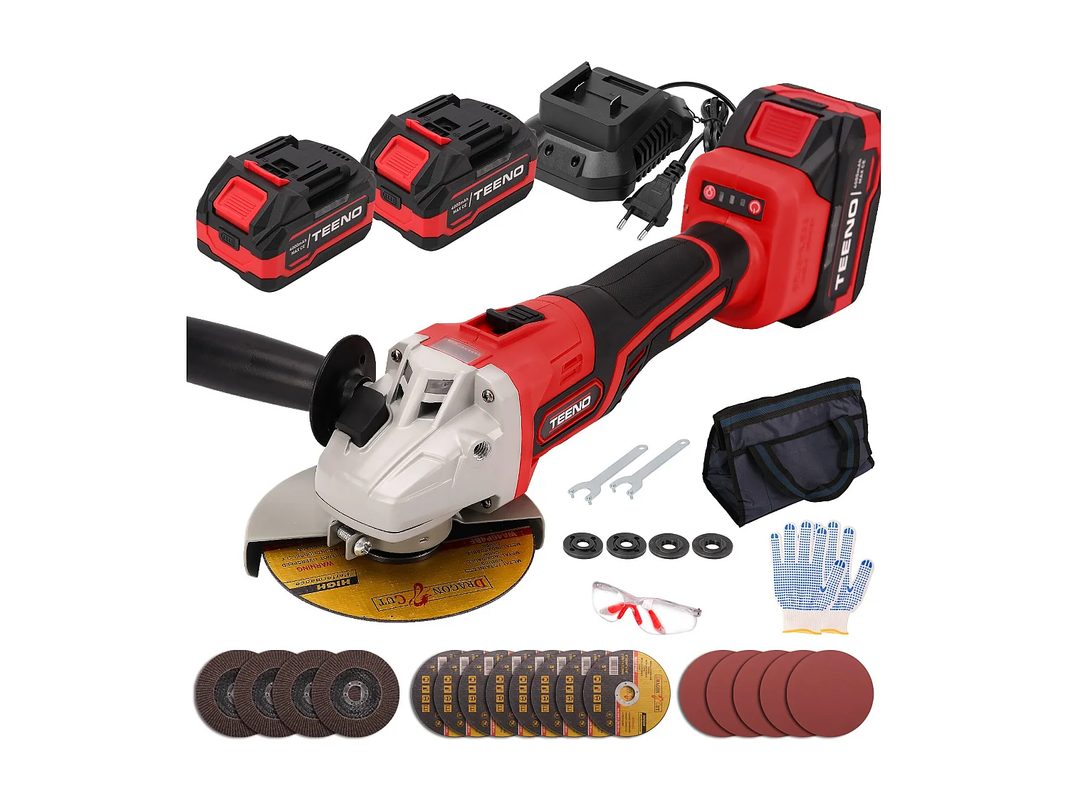 Meuleuse d'angle sans fil brushless 21V 1000W, coupe 125mm, 2 batteries 4.0Ah, vitesse 9100 tr/min,