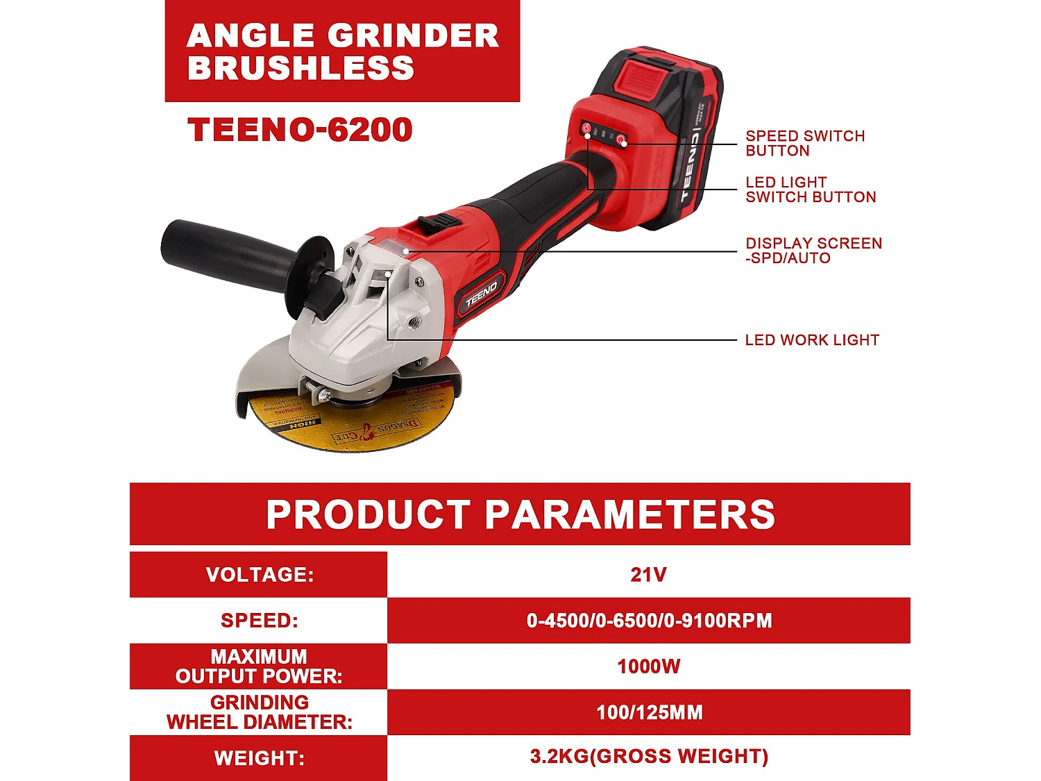 Meuleuse d'angle sans fil brushless 21V 1000W, coupe 125mm, 2 batteries 4.0Ah, vitesse 9100 tr/min,