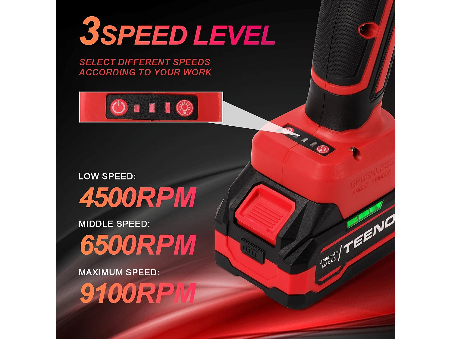 Meuleuse d'angle sans fil brushless 21V 1000W, coupe 125mm, 2 batteries 4.0Ah, vitesse 9100 tr/min,