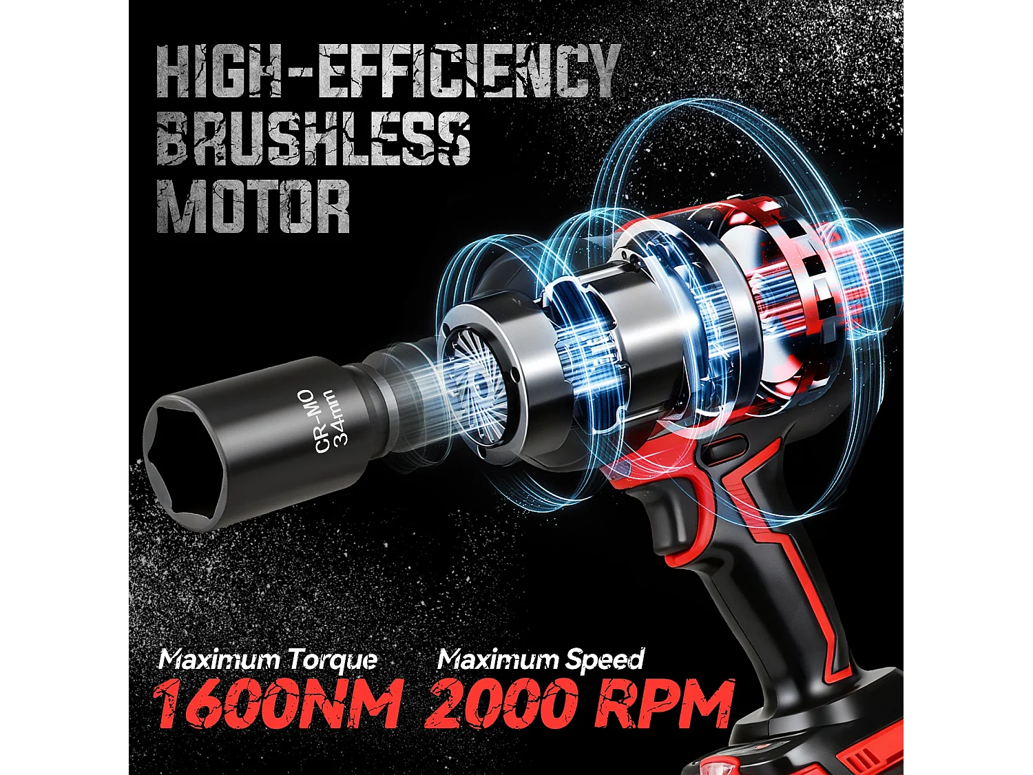 Clé à Chocs Sans Fil Brushless 3/4 de Pouce Sans Fil Brushless, Couple Max 1600 N·m, 2 Batteries