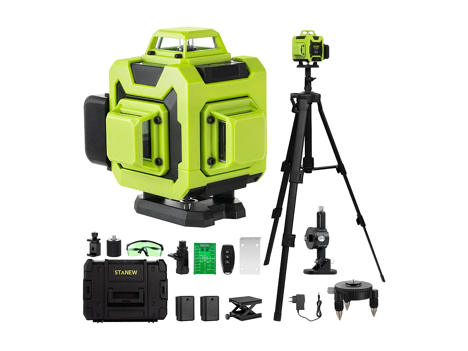 Niveau laser 4 x 360°, avec 16 lignes laser vertes 4D horizontales et verticales, 2 piles 2400 mAh,