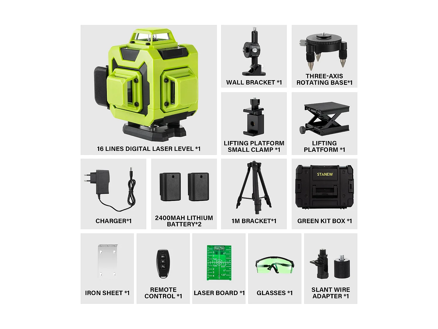 Niveau laser 4 x 360°, avec 16 lignes laser vertes 4D horizontales et verticales, 2 piles 2400 mAh,