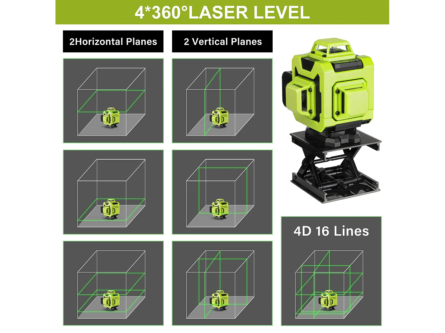 Niveau laser 4 x 360°, avec 16 lignes laser vertes 4D horizontales et verticales, 2 piles 2400 mAh,