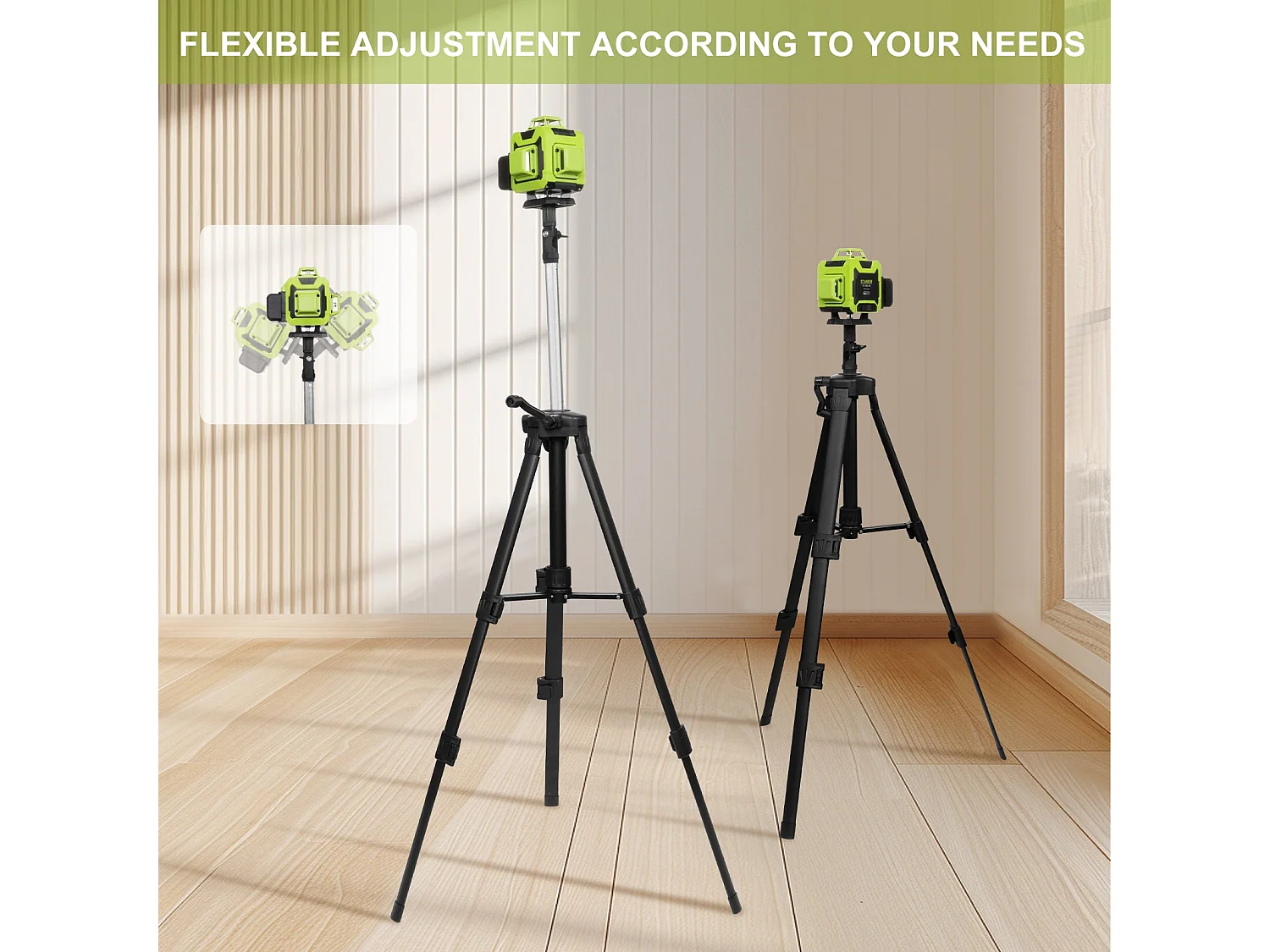 Niveau laser 4 x 360°, avec 16 lignes laser vertes 4D horizontales et verticales, 2 piles 2400 mAh,