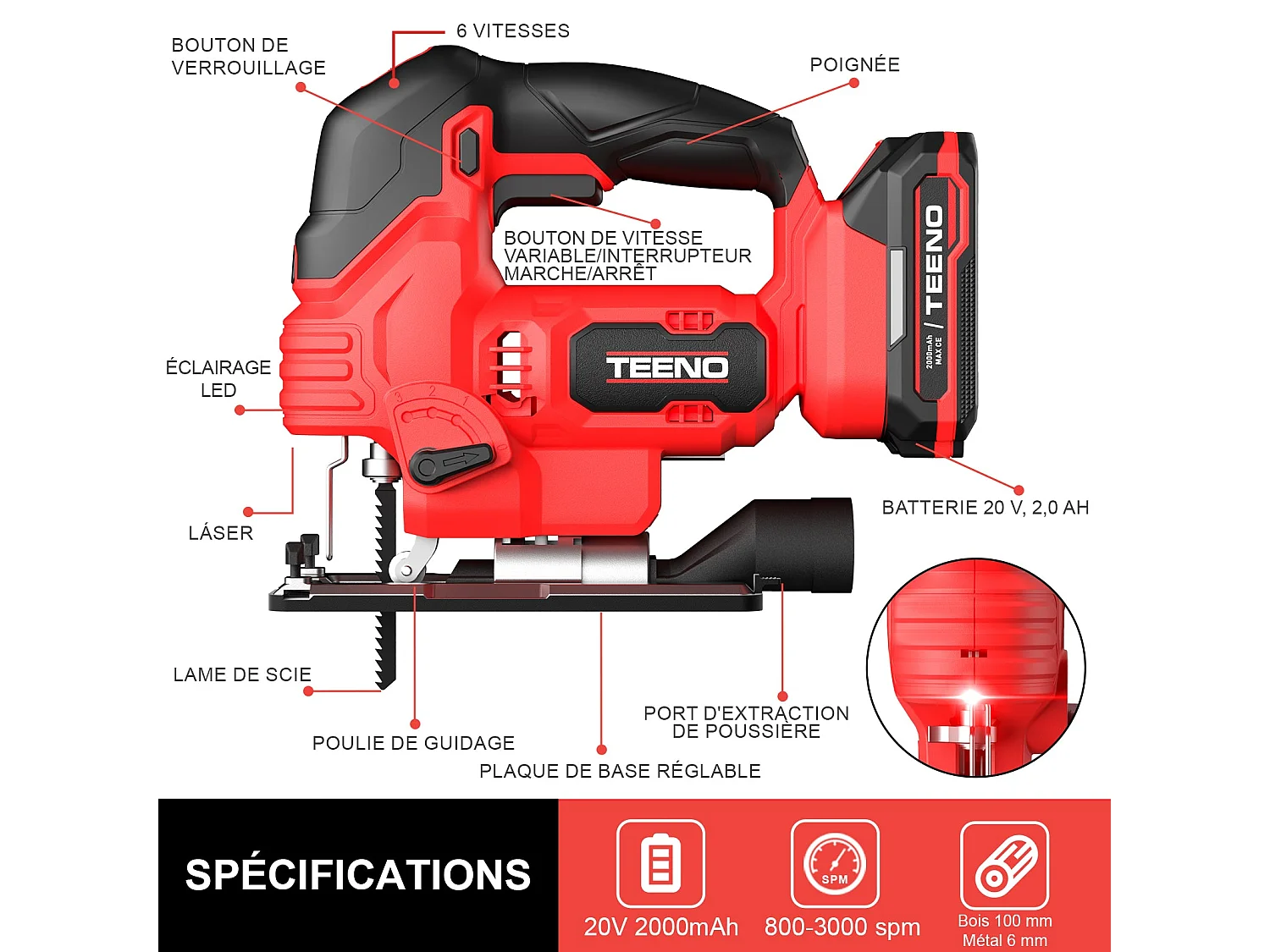 Scie Sauteuse Sans Fil pour Batterie Makita 20 V, 800-3000 SPM Scie Sauteuse Laser avec 5 lames, Coupe du Bois,Plastique,Métal (Une batterie, 2.0 Ah)