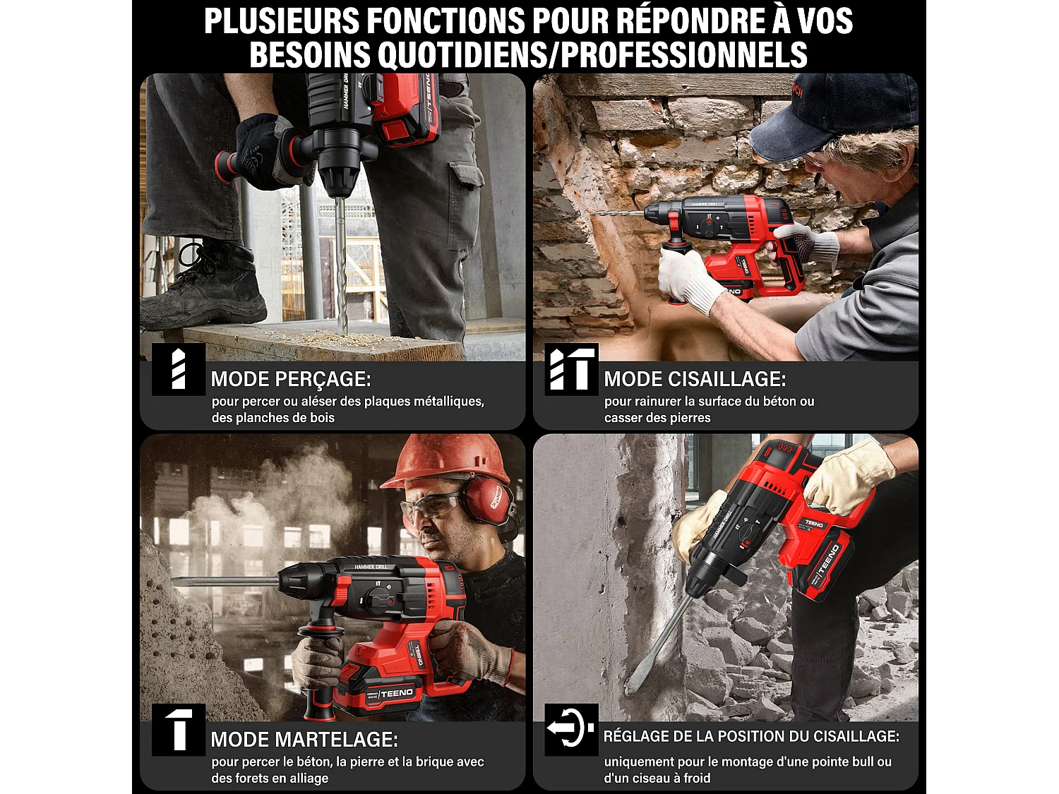 Perforateur sans fil, 6x forets, Batterie 20V 4.0Ah