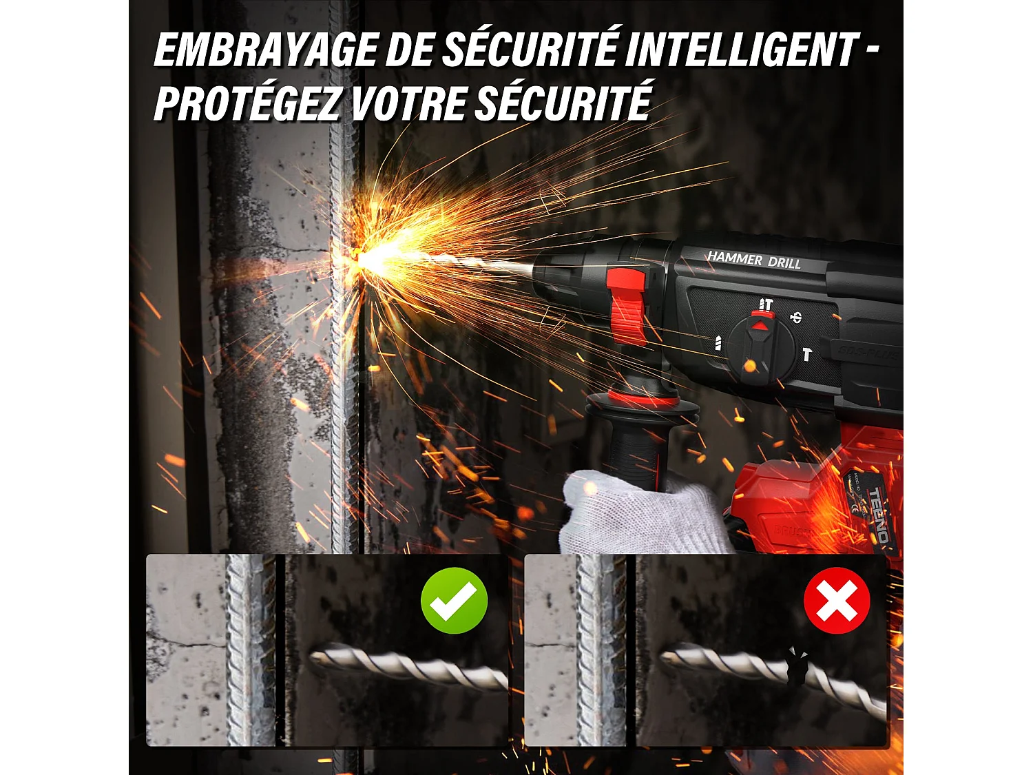Perforateur sans fil, 6x forets, Batterie 20V 4.0Ah