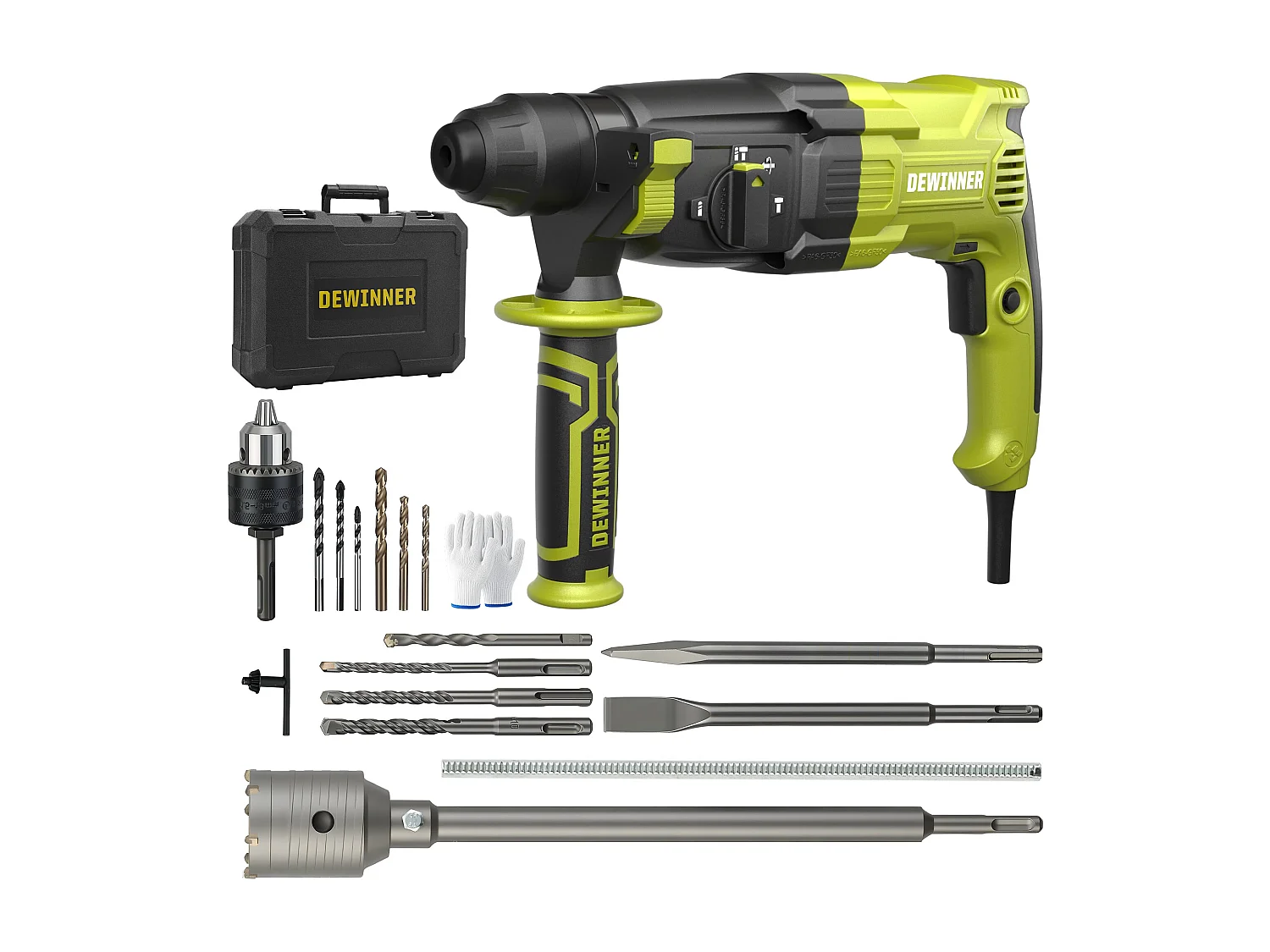 Hammer Drill 1100W 3.4 J, Hammer Drill 0-1500RPM/5500BPM with 4 Functions and Safety Clutch, 20