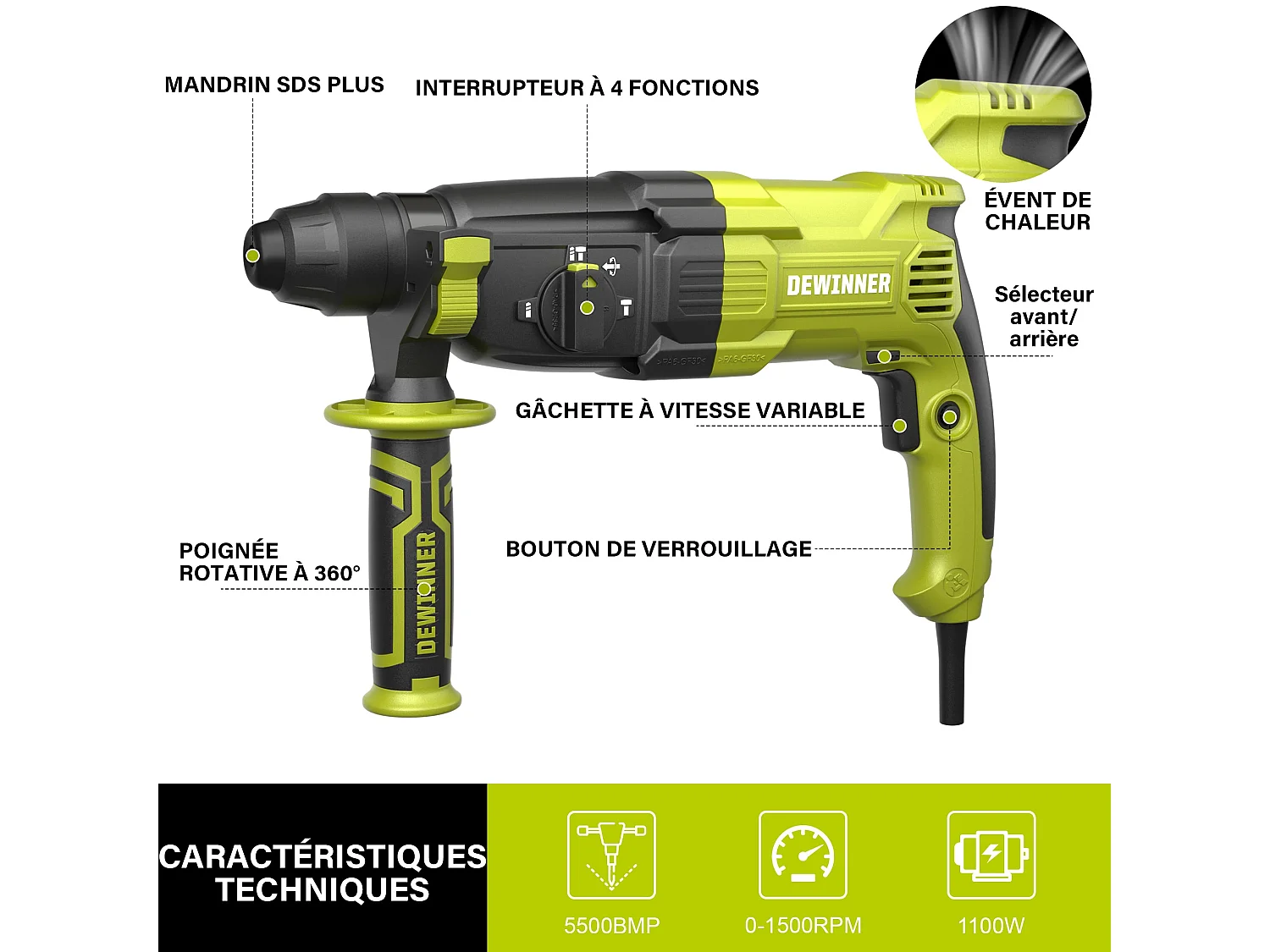 Hammer Drill 1100W 3.4 J, Hammer Drill 0-1500RPM/5500BPM with 4 Functions and Safety Clutch, 20