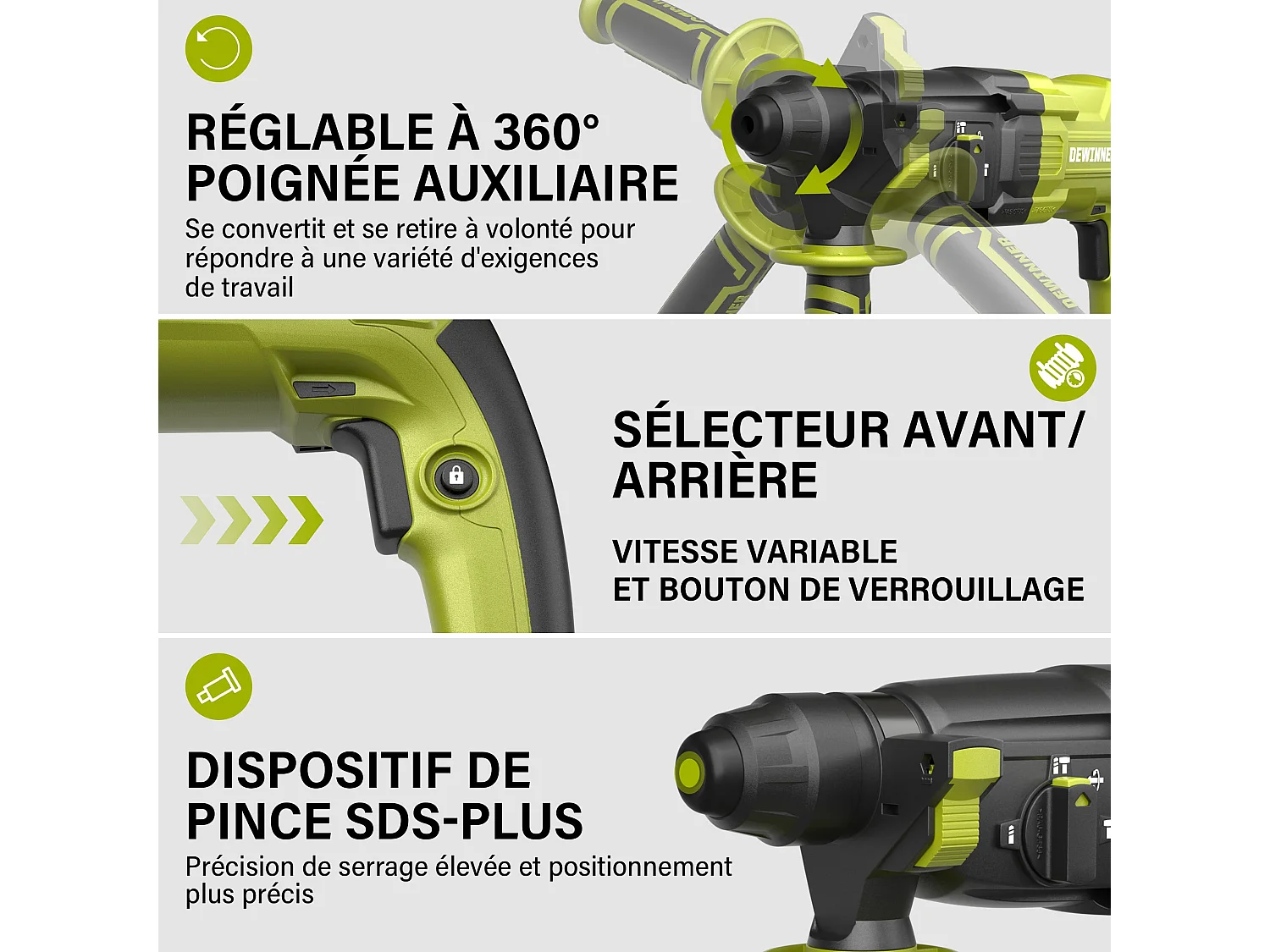 Hammer Drill 1100W 3.4 J, Hammer Drill 0-1500RPM/5500BPM with 4 Functions and Safety Clutch, 20