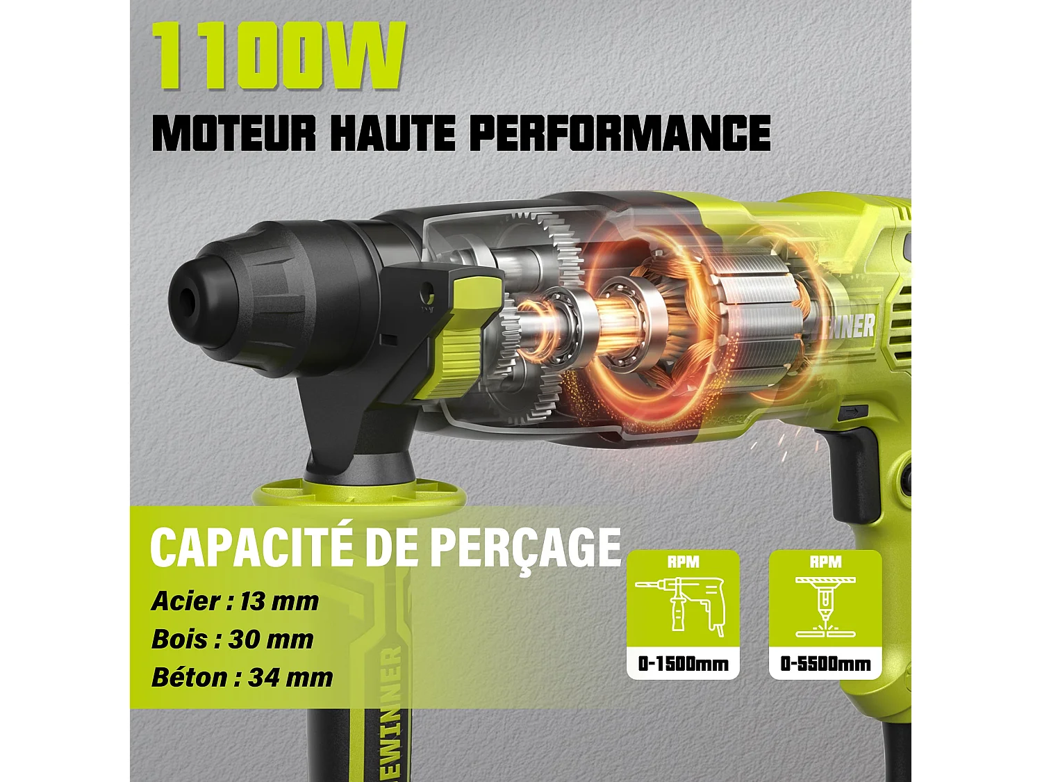 Hammer Drill 1100W 3.4 J, Hammer Drill 0-1500RPM/5500BPM with 4 Functions and Safety Clutch, 20