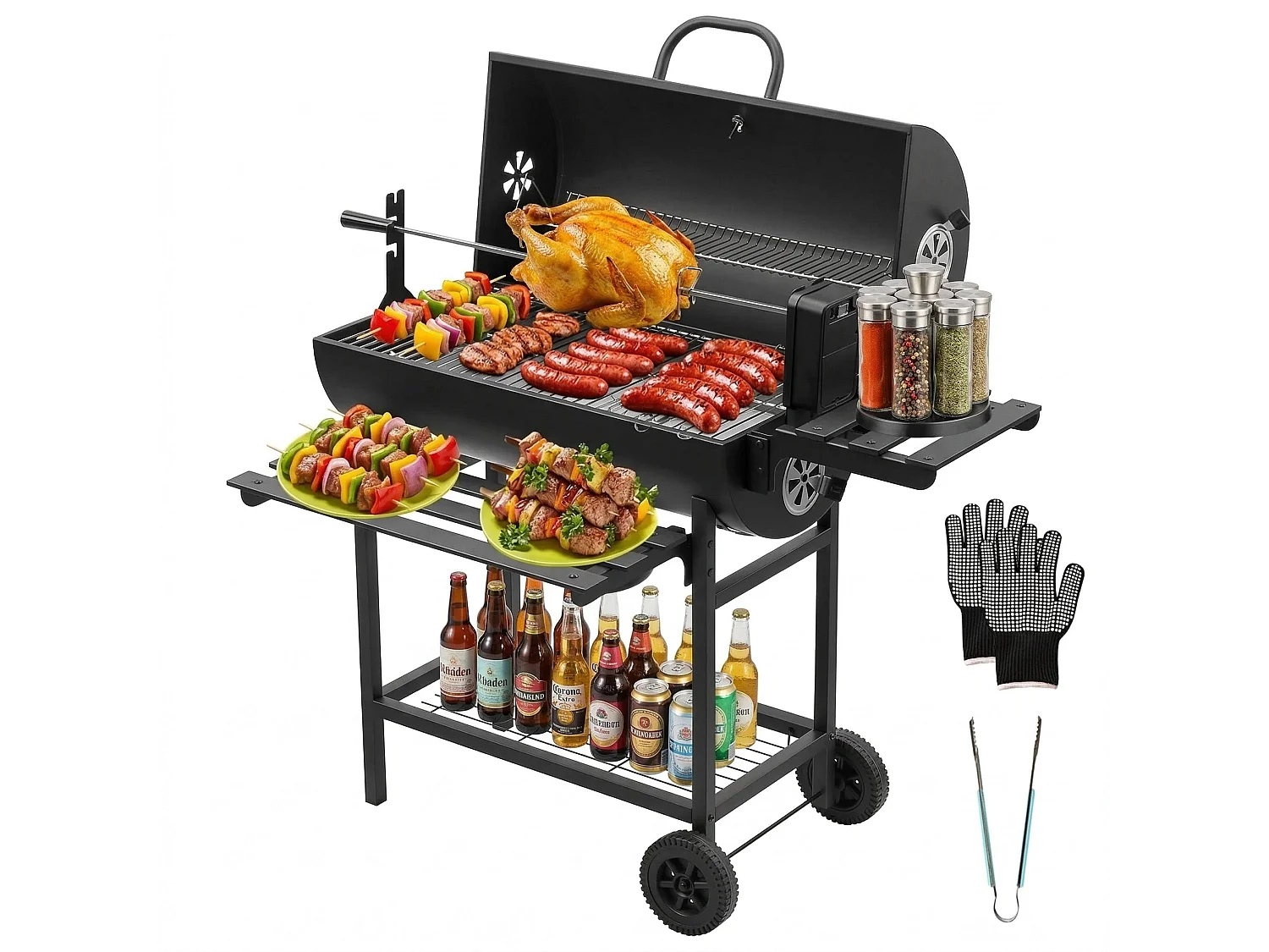 Grand barbecue, charbon de bois, avec grille à poulet, gants, clip