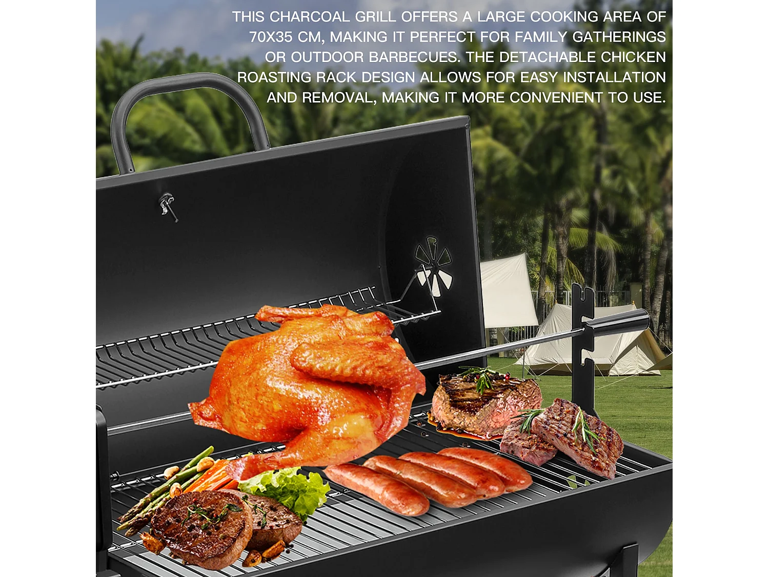 Grand barbecue, charbon de bois, avec grille à poulet, gants, clip
