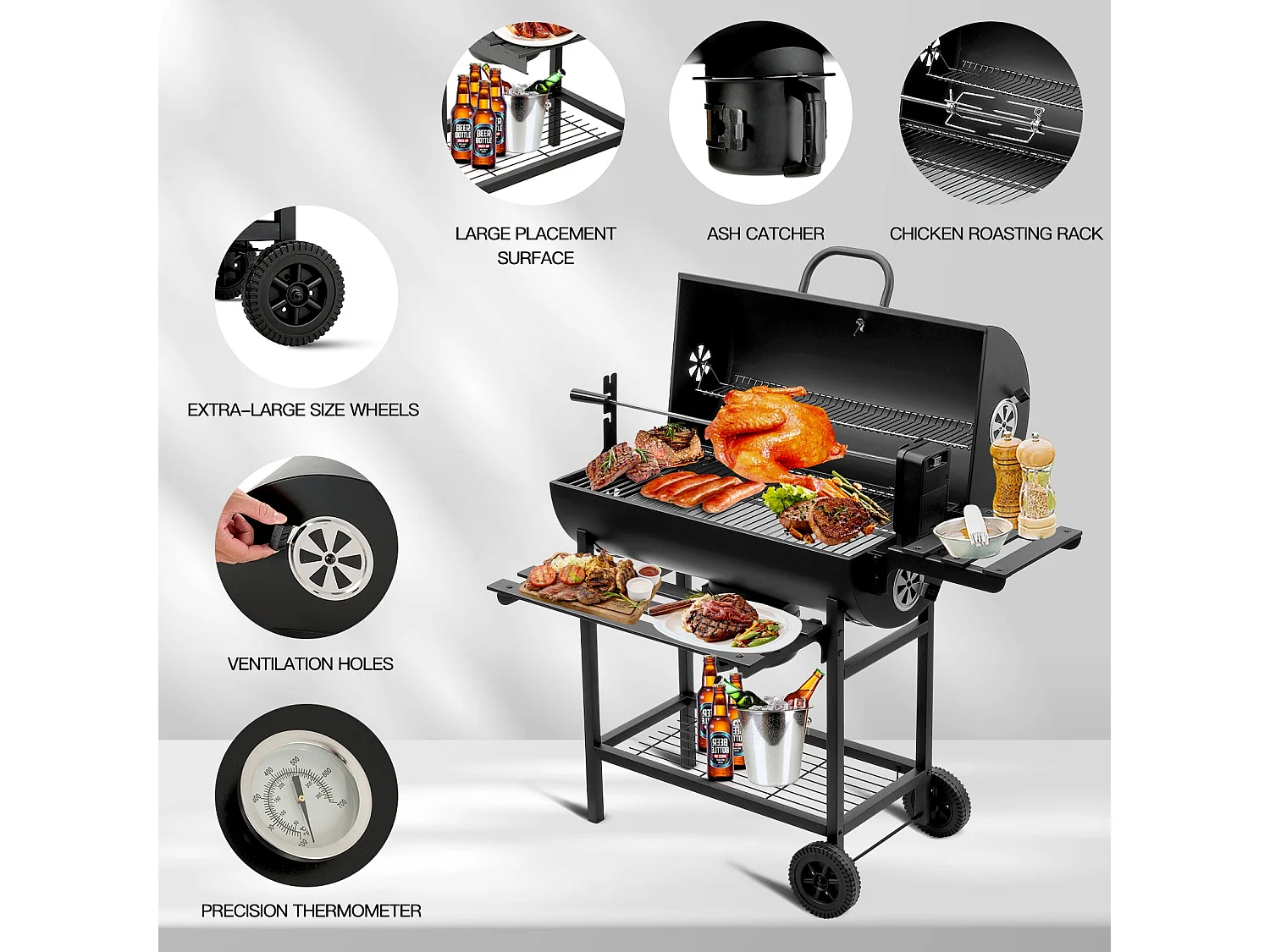 Grand barbecue, charbon de bois, avec grille à poulet, gants, clip