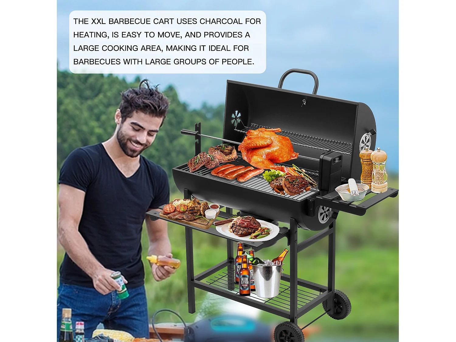 Grand barbecue, charbon de bois, avec grille à poulet, gants, clip