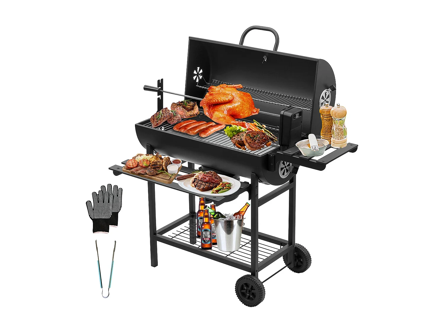 Grand camion barbecue, charbon de bois, équipé d'une rôtissoire et d'un tablier