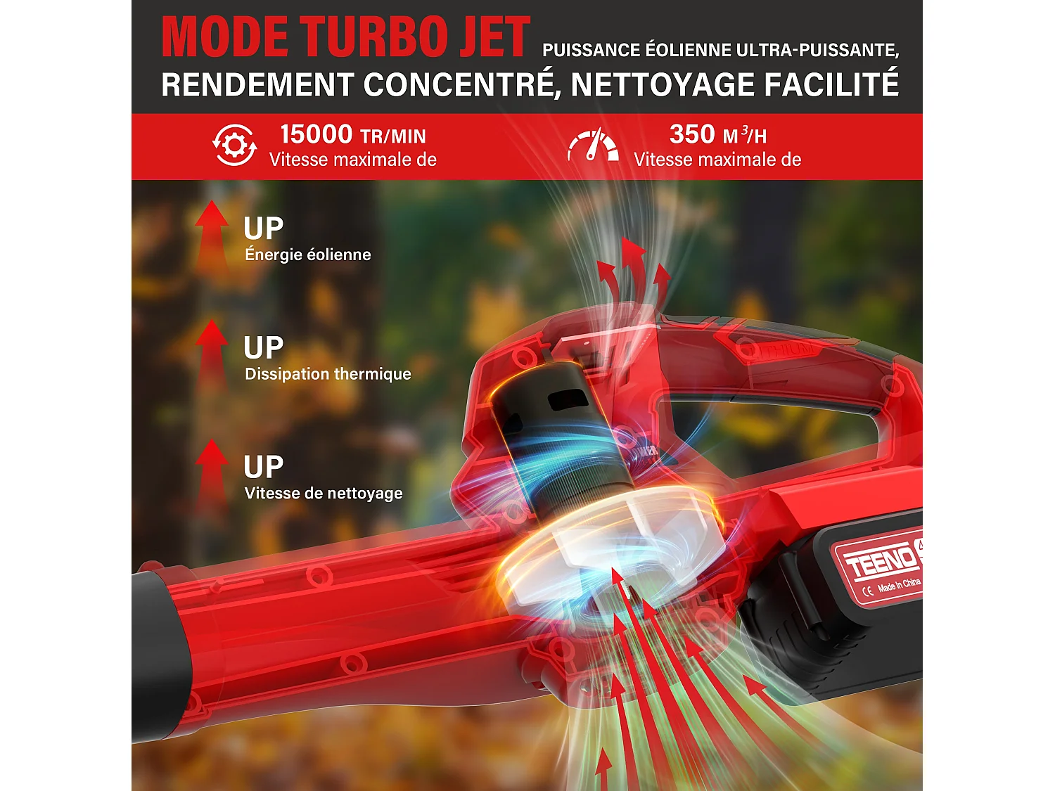 Souffleur à feuilles sans fil, 21V, 2 batteries 4,0 Ah, vitesse de rotation 15 000 tr/min, chargeur rapide inclu