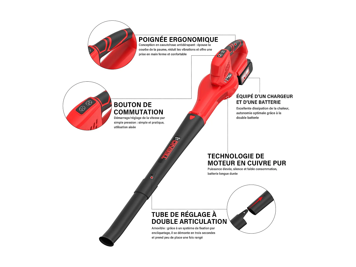 Souffleur à feuilles sans fil, 21V, 2 batteries 4,0 Ah, vitesse de rotation 15 000 tr/min, chargeur rapide inclu