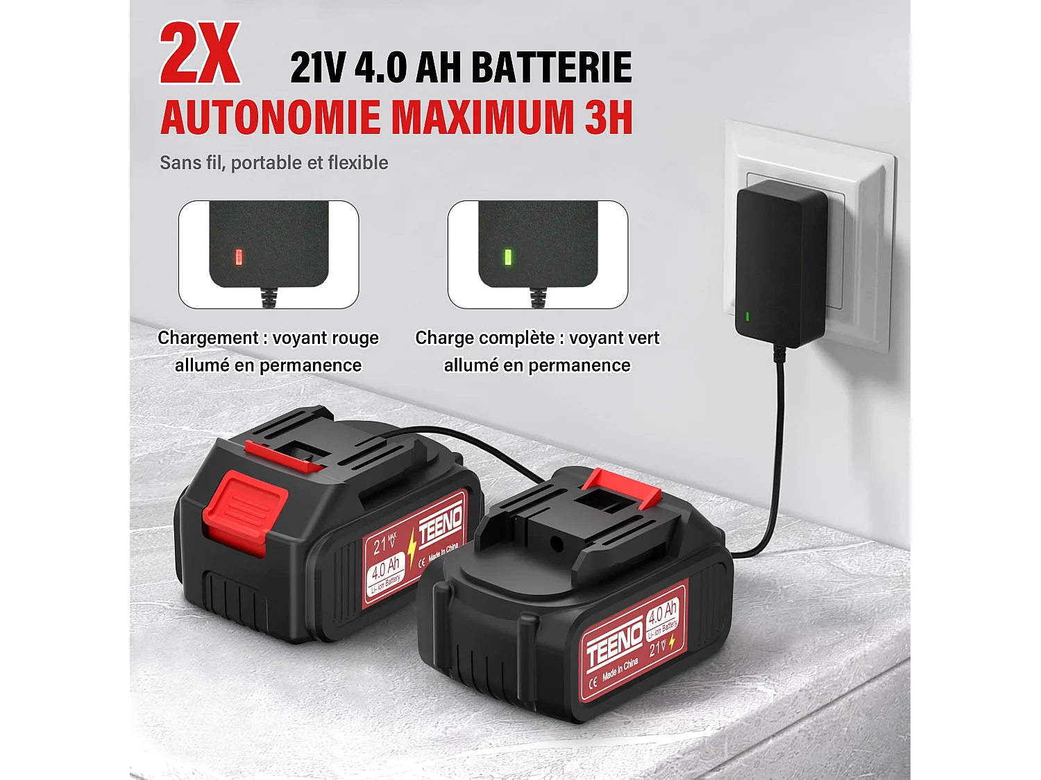 Souffleur à feuilles sans fil, 21V, 2 batteries 4,0 Ah, vitesse de rotation 15 000 tr/min, chargeur rapide inclu