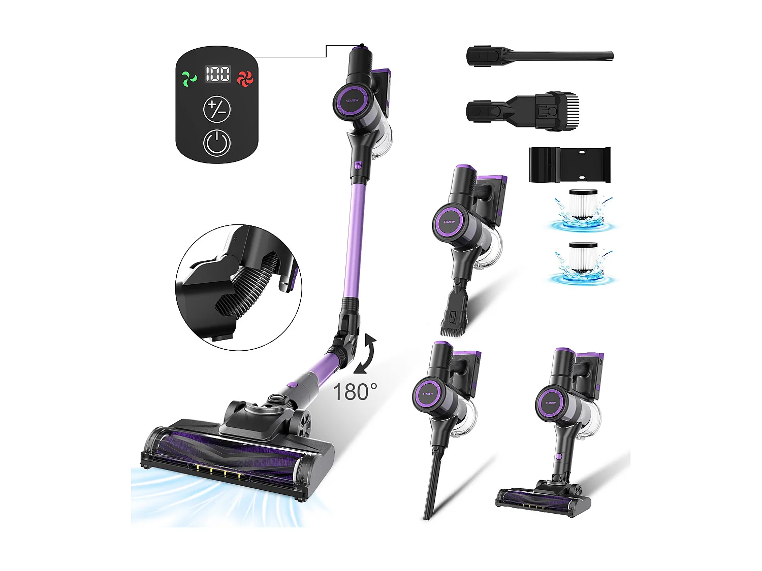 Aspirateur Balai sans Fil, 33Kpa, 320W, Couleur violet, plié