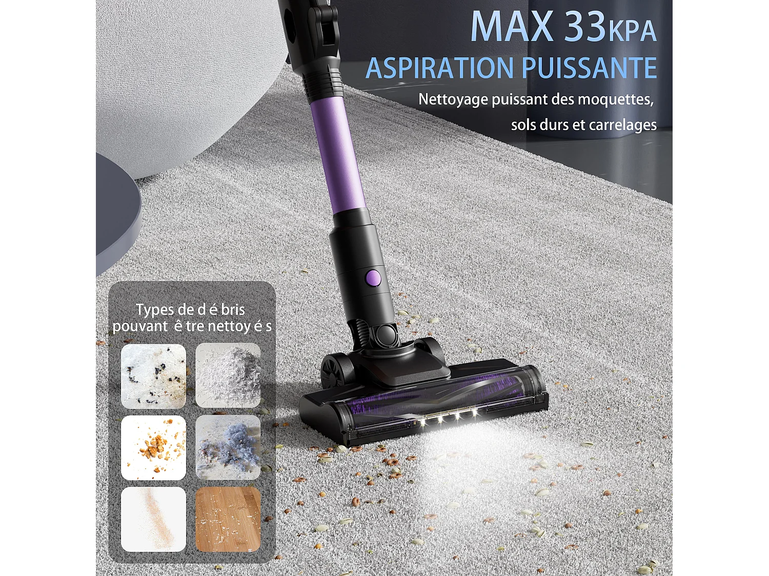 Aspirateur Balai sans Fil, 33Kpa, 320W, Couleur violet, plié