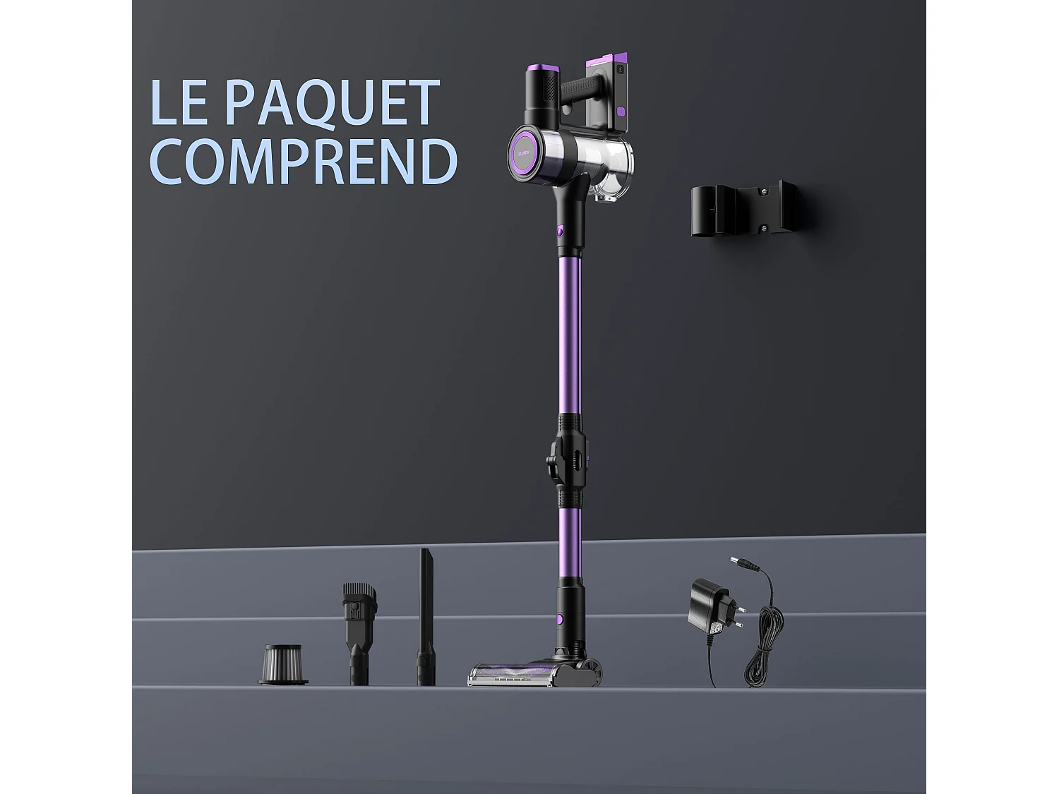 Aspirateur Balai sans Fil, 33Kpa, 320W, Couleur violet, plié