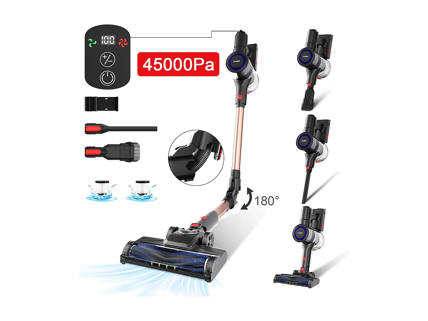 Aspirateur Balai sans Fil, 45Kpa, 550W, Couleur or, plié