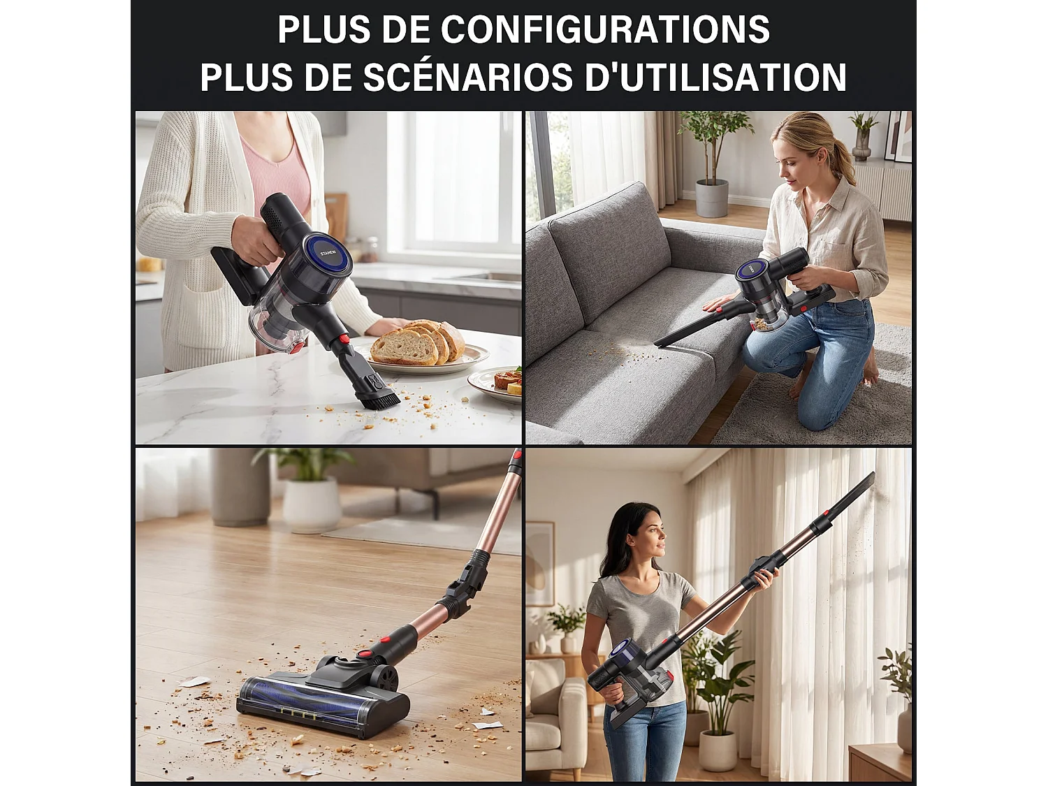 Aspirateur Balai sans Fil, 45Kpa, 550W, Couleur or, plié