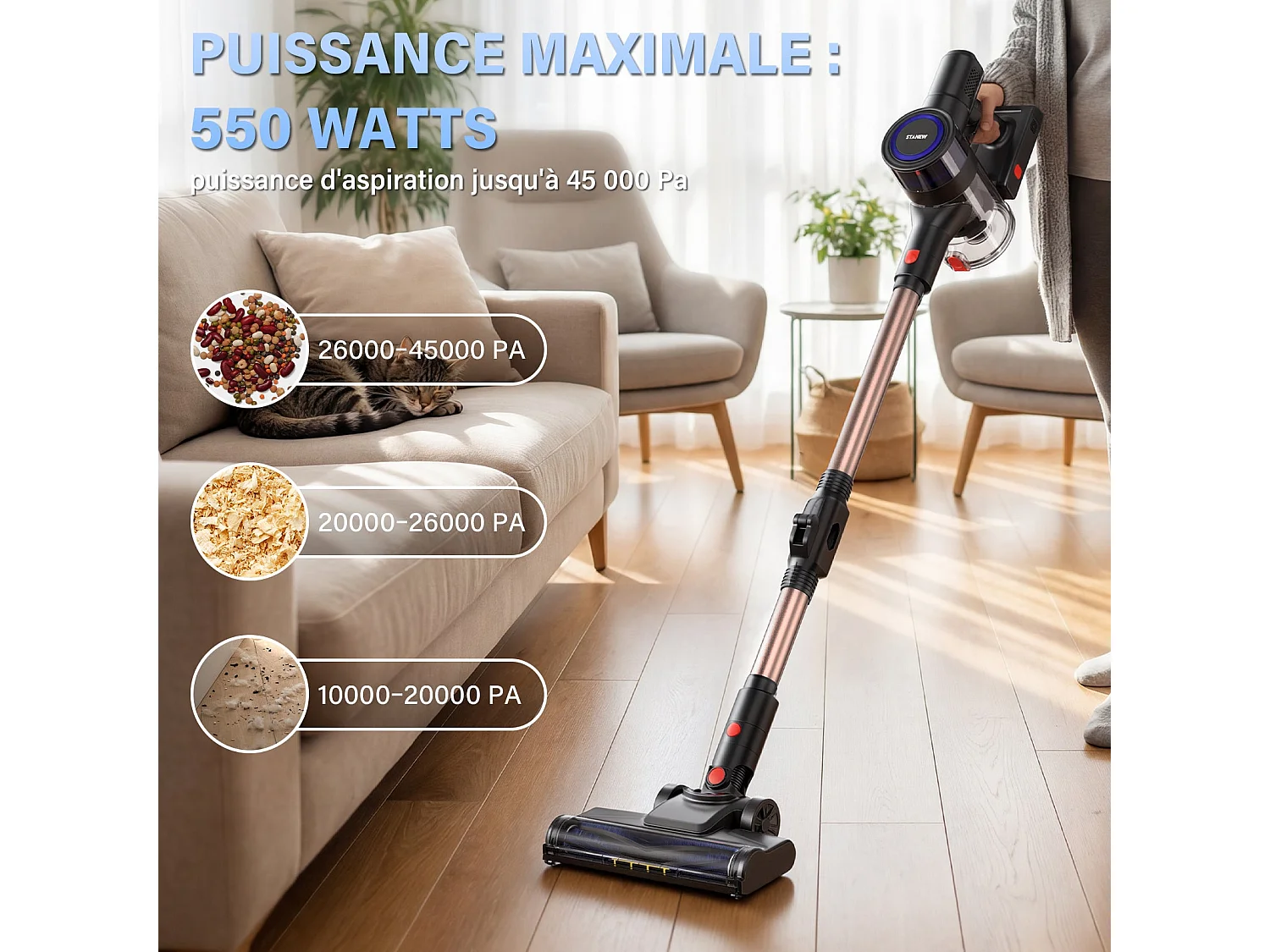 Aspirateur Balai sans Fil, 45Kpa, 550W, Couleur or, plié