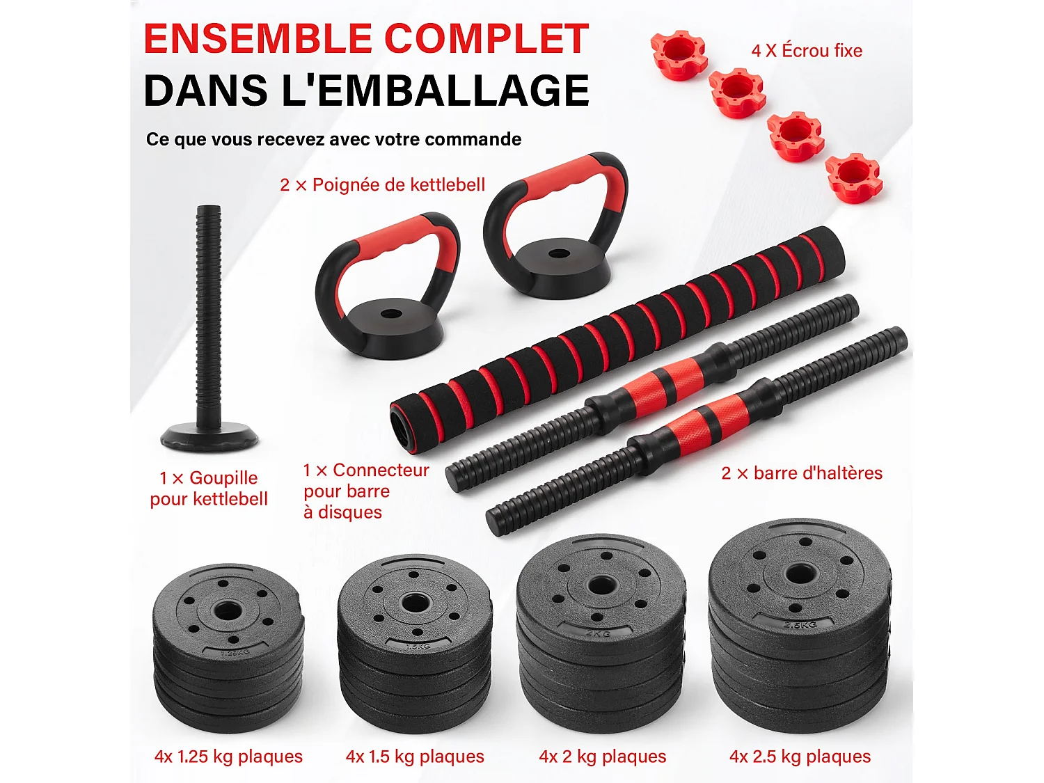 Ensemble d'haltères réglables 6 en 1 de 30 kg, comprenant des kettlebells, des haltères, des barres