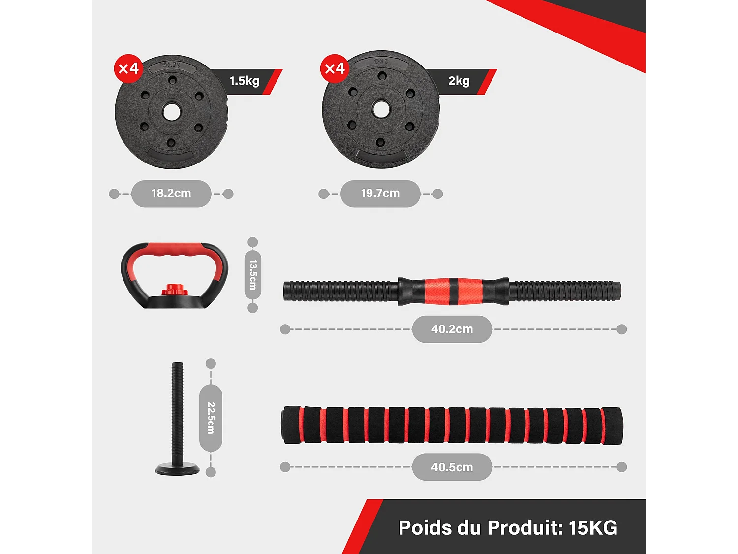 Ensemble d'haltères réglables 6 en 1 de 15 kg, comprenant des kettlebells, des haltères, des barres et des supports pour pompes