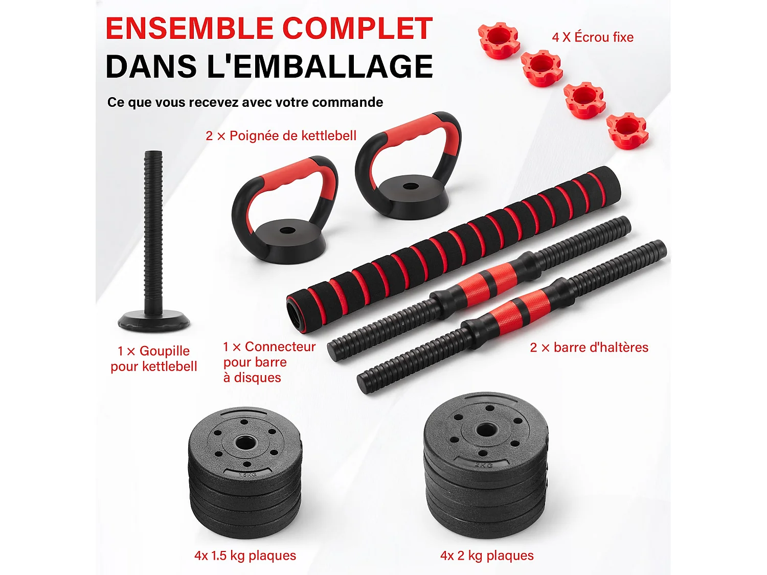 Ensemble d'haltères réglables 6 en 1 de 15 kg, comprenant des kettlebells, des haltères, des barres et des supports pour pompes