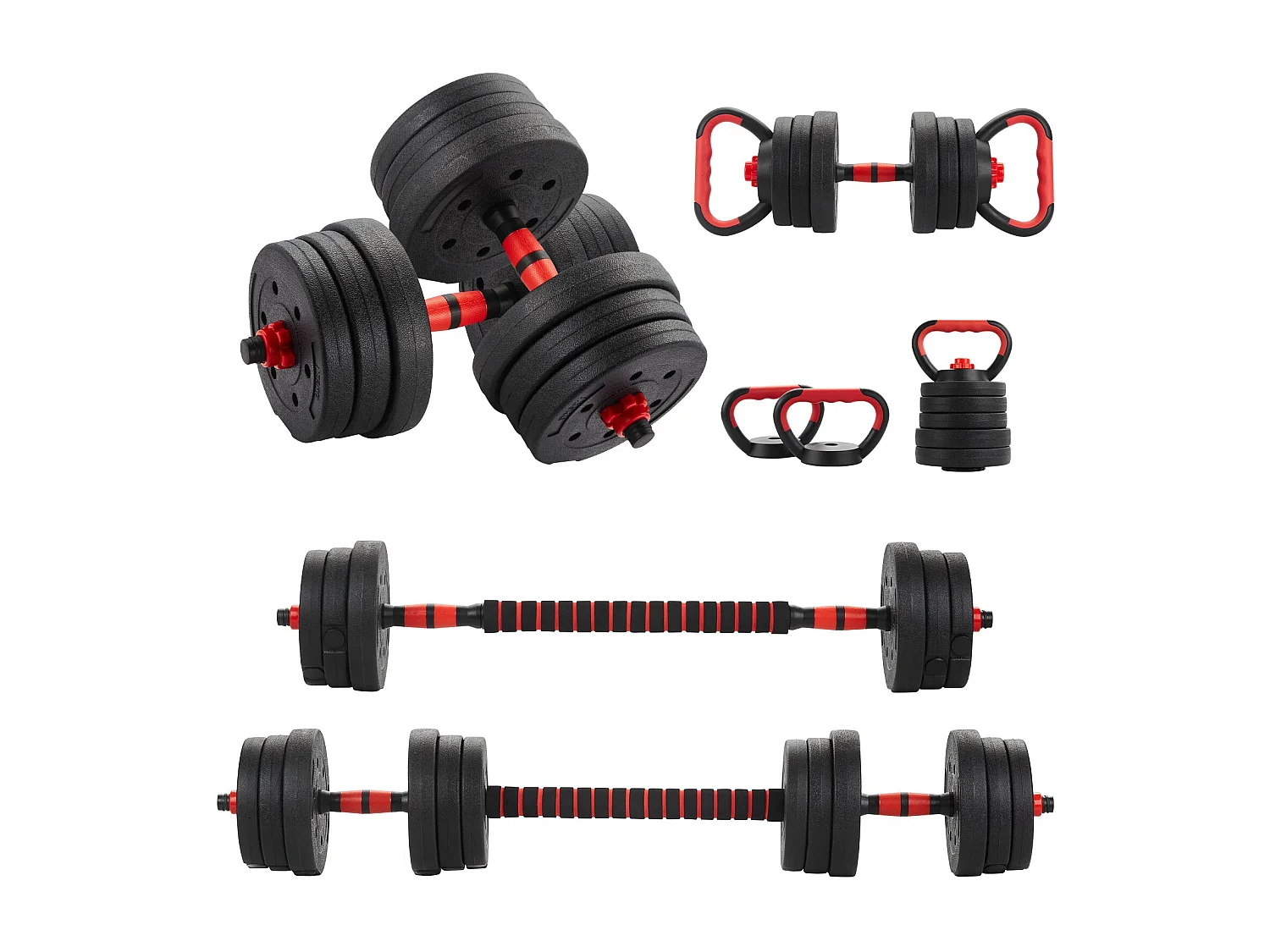 5-in-1 verstelbare halterset van 20 kg, bestaande uit kettlebells, halters, een halterstang en een push-upstandaard