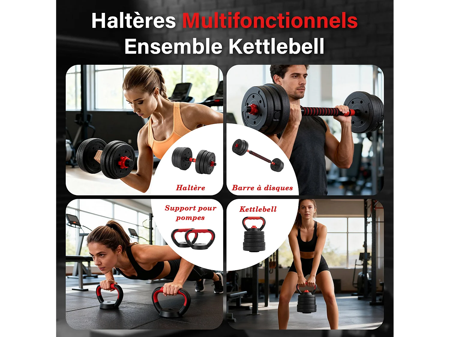 5-in-1 verstelbare halterset van 20 kg, bestaande uit kettlebells, halters, een halterstang en een push-upstandaard