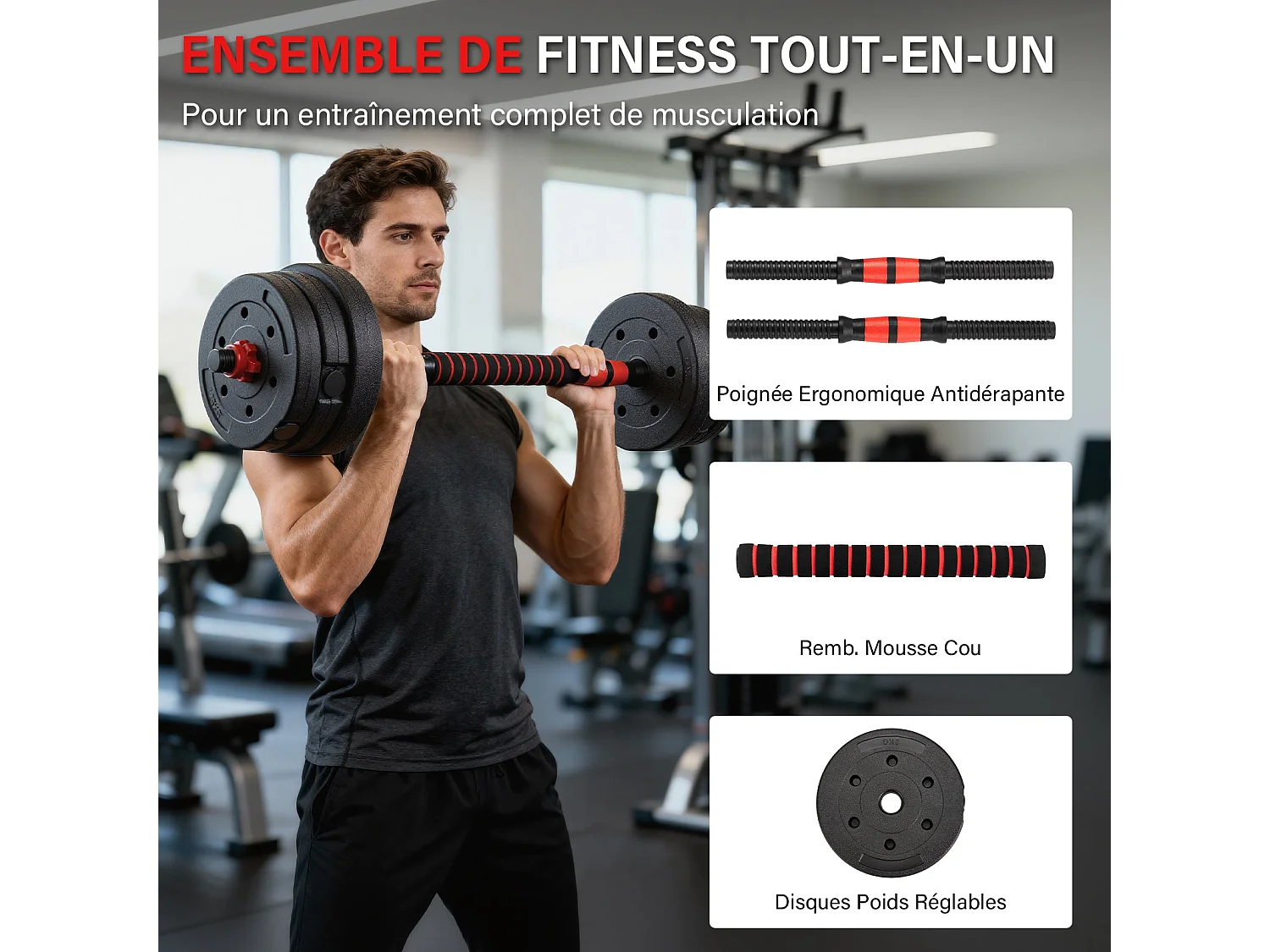 5-in-1 verstelbare halterset van 20 kg, bestaande uit kettlebells, halters, een halterstang en een push-upstandaard