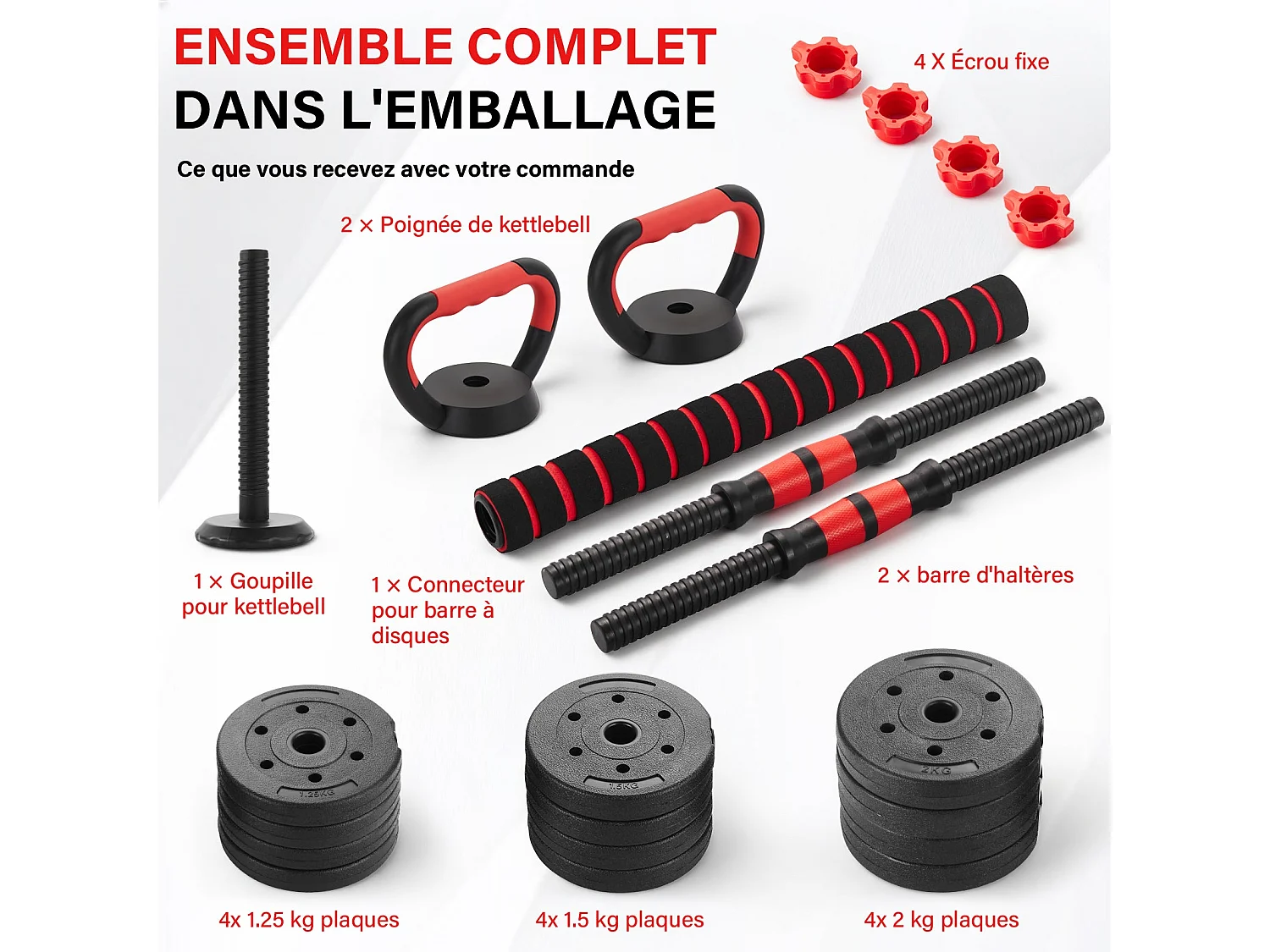 5-in-1 verstelbare halterset van 20 kg, bestaande uit kettlebells, halters, een halterstang en een push-upstandaard