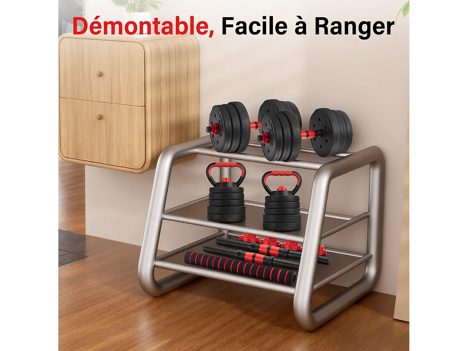 5-in-1 verstelbare halterset van 20 kg, bestaande uit kettlebells, halters, een halterstang en een push-upstandaard