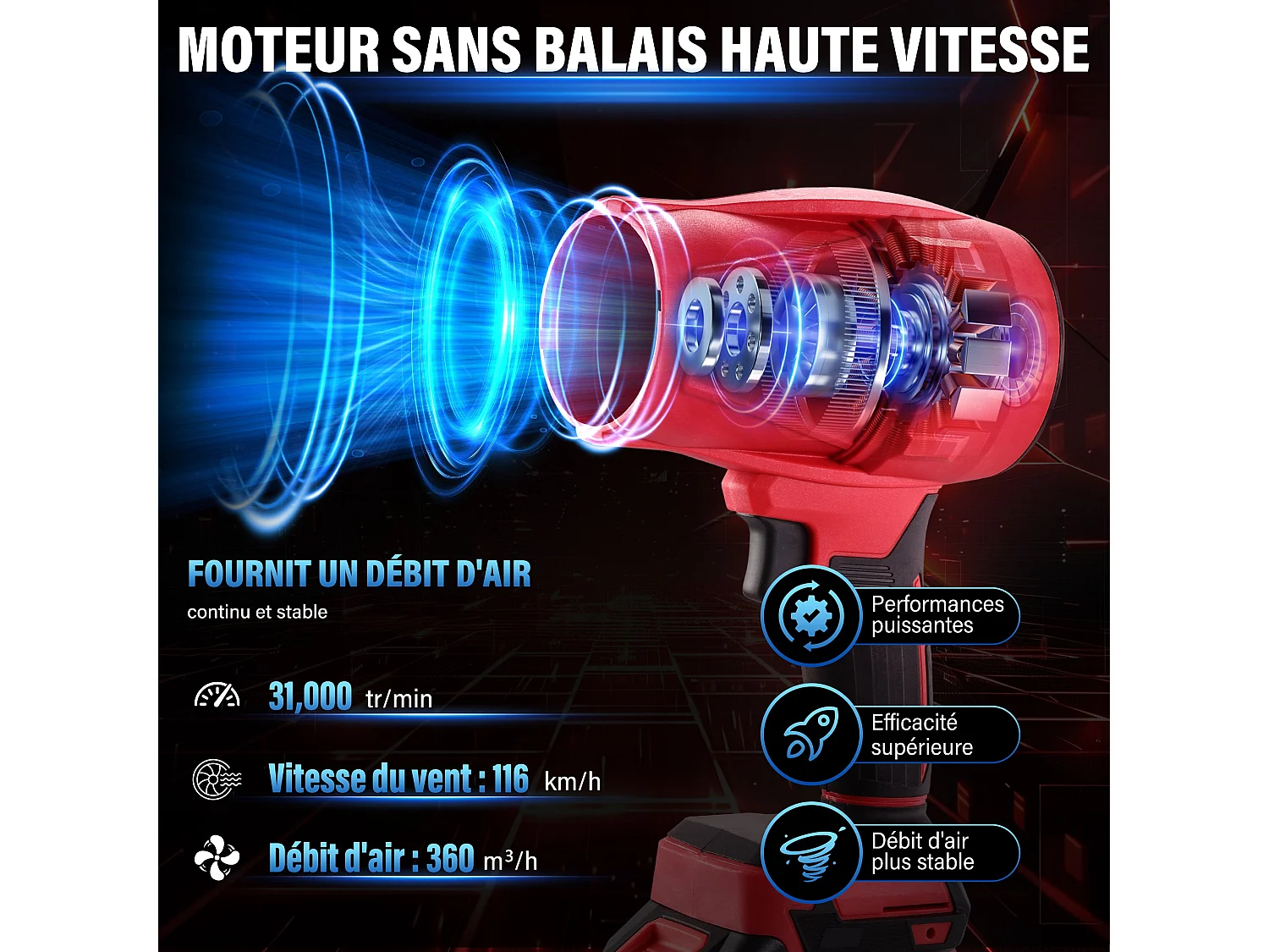 Souffleur de Feuilles Sans Fil TEENO | 21 V | Avec 2 Batteries de 6,0 Ah