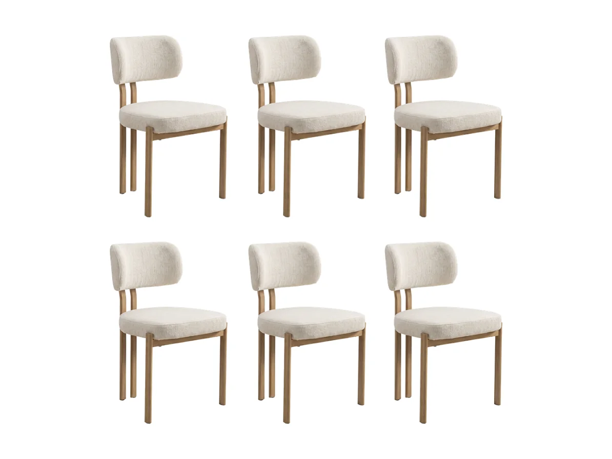 6er Set Esszimmerstühle Hira – Bouclé-Stoff Cremeweiß / Eiche-Füße