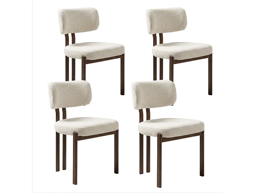 4er Set Esszimmerstühle Hira – Bouclé-Stoff Cremeweiß / Nussbaum-Füße