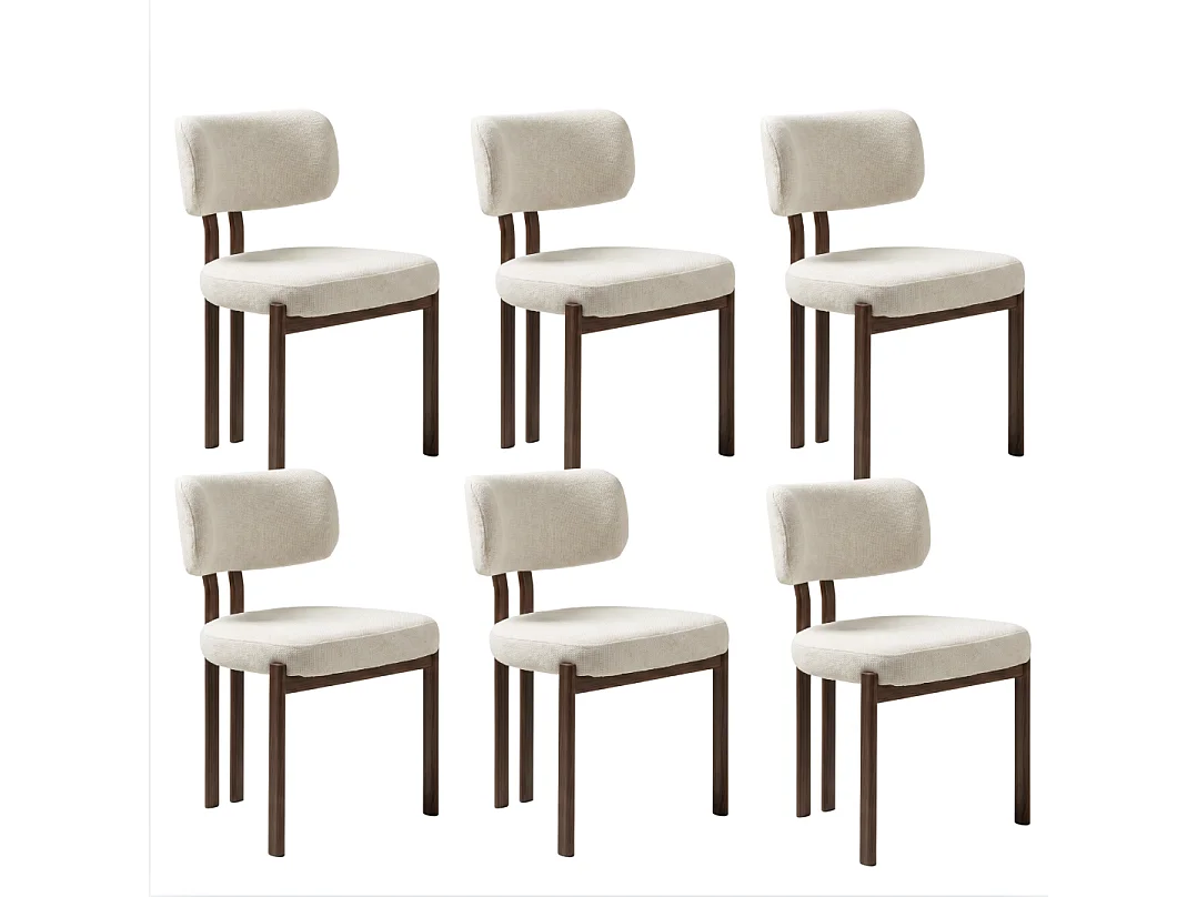 6er Set Esszimmerstühle Hira – Bouclé-Stoff Cremeweiß / Nussbaum-Füße