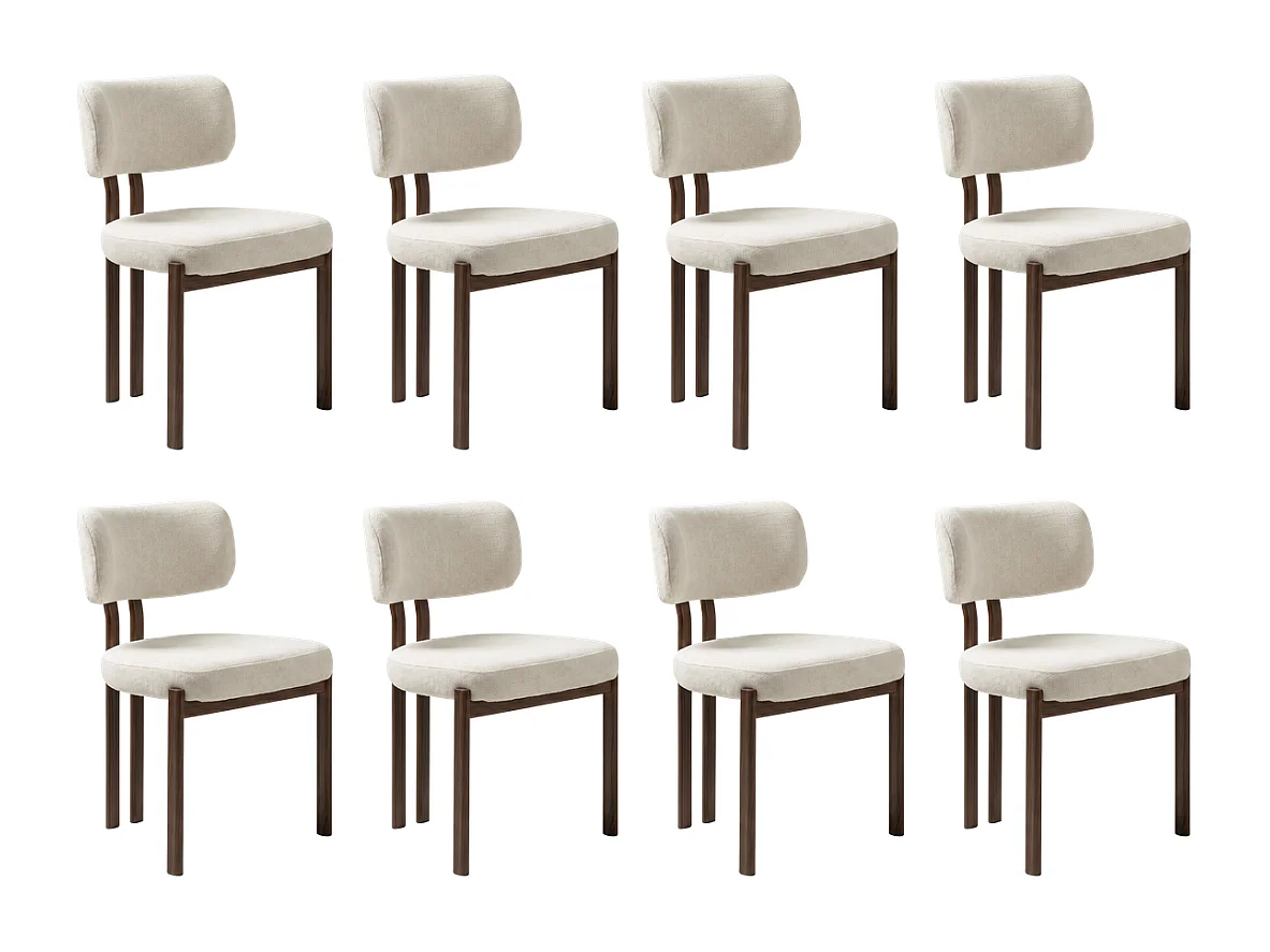 8er Set Esszimmerstühle Hira – Bouclé-Stoff Cremeweiß / Nussbaum-Füße