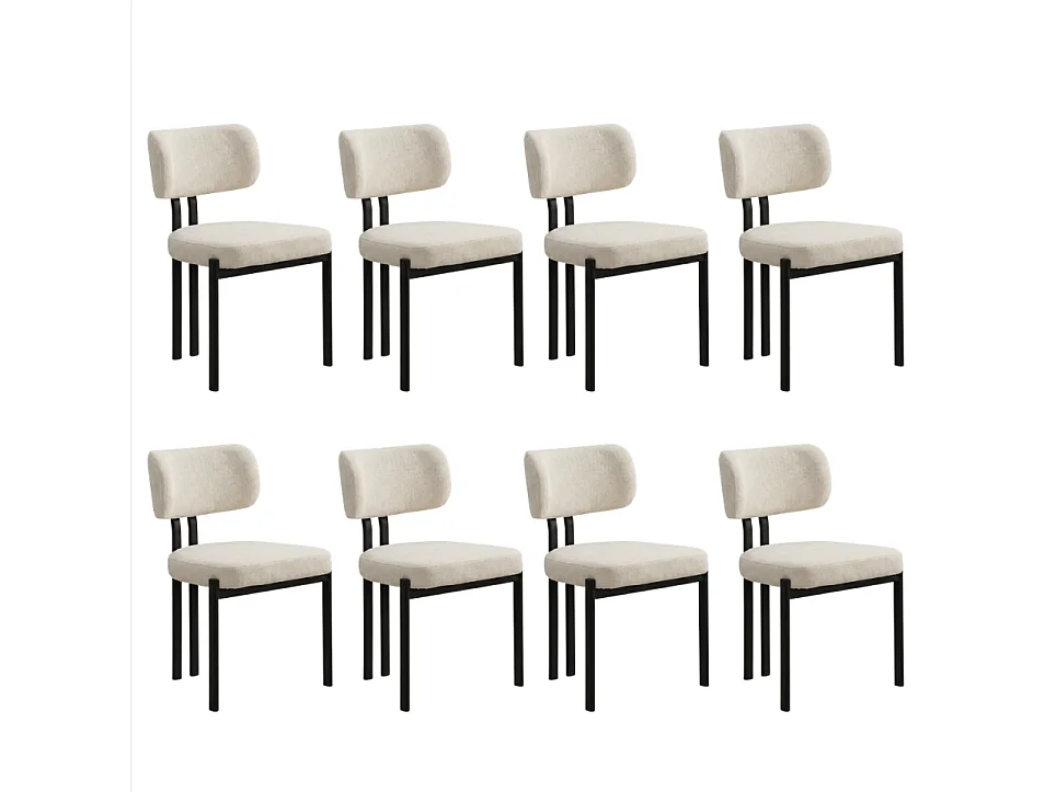 8er Set Esszimmerstühle Hira – Bouclé-Stoff Cremeweiß / Schwarze Füße