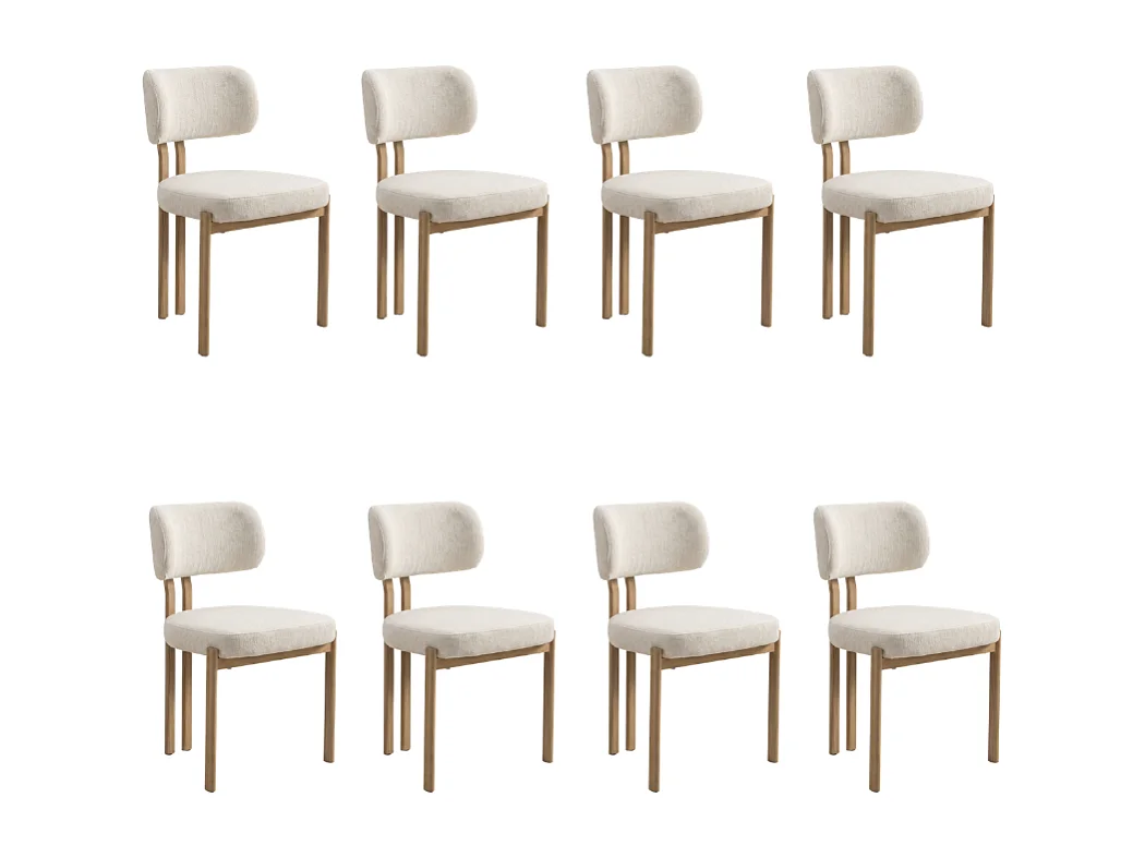 8er Set Esszimmerstühle Hira – Bouclé-Stoff Cremeweiß / Eiche-Füße